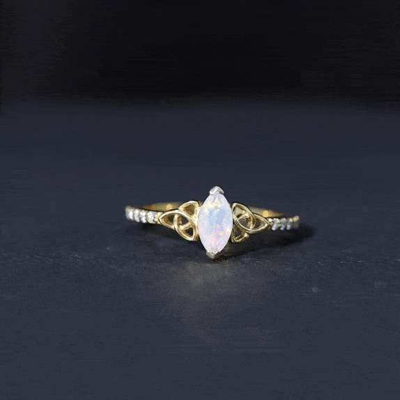 Celtic Knot Solitaire Ring with Marquise Cut Ethiopian Opal and Moissanite in Silver - Rosec Jewels