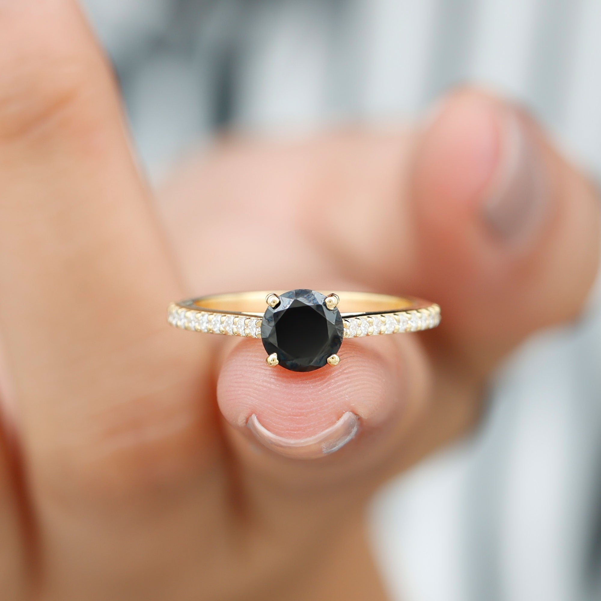 Round Black Onyx Solitaire Engagement Ring with Diamond Black Onyx - ( AAA ) - Quality - Rosec Jewels