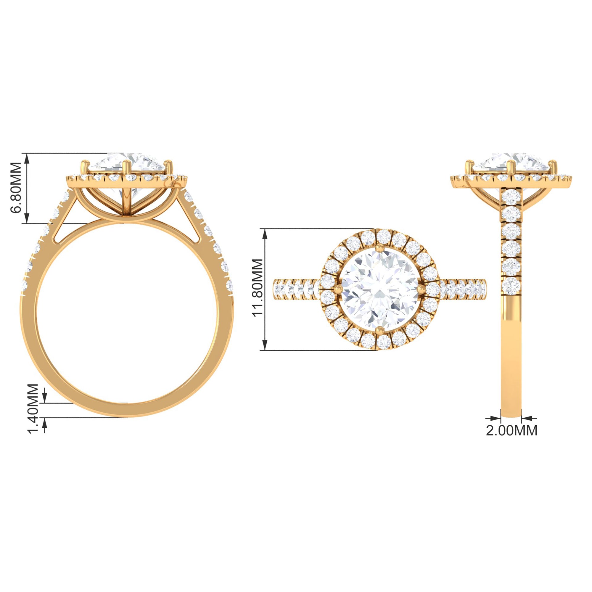 Certified Moissanite Halo Engagement Ring with Side Stones Moissanite - ( D-VS1 ) - Color and Clarity - Rosec Jewels