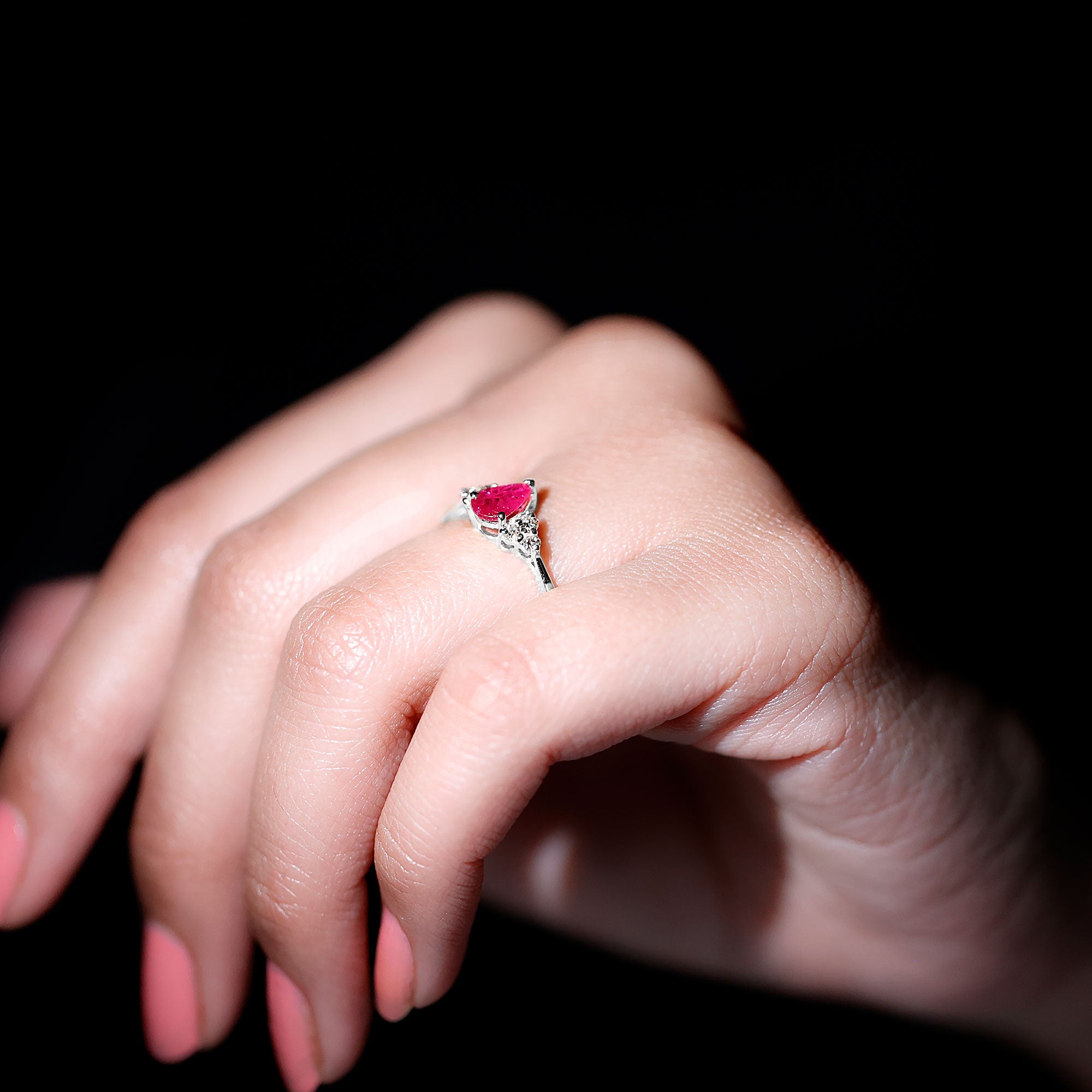 Claw Set Pear Cut Ruby Engagement Ring with Diamond Trio Ruby - ( AAA ) - Quality - Rosec Jewels