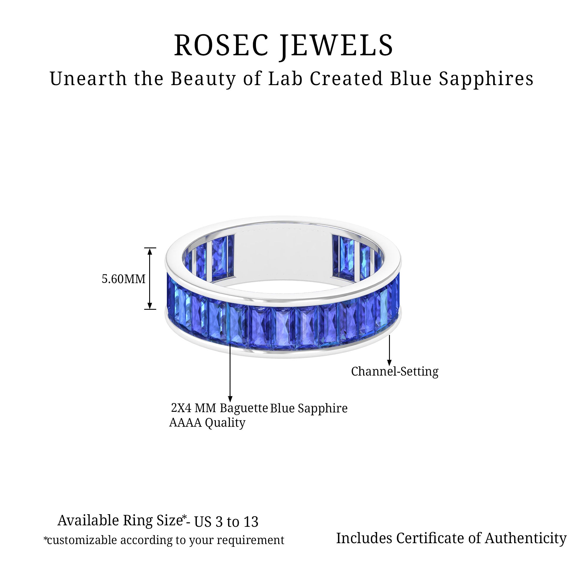 Baguette Cut Lab Created Blue Sapphire Half Eternity Band Ring Lab Created Blue Sapphire - ( AAAA ) - Quality - Rosec Jewels