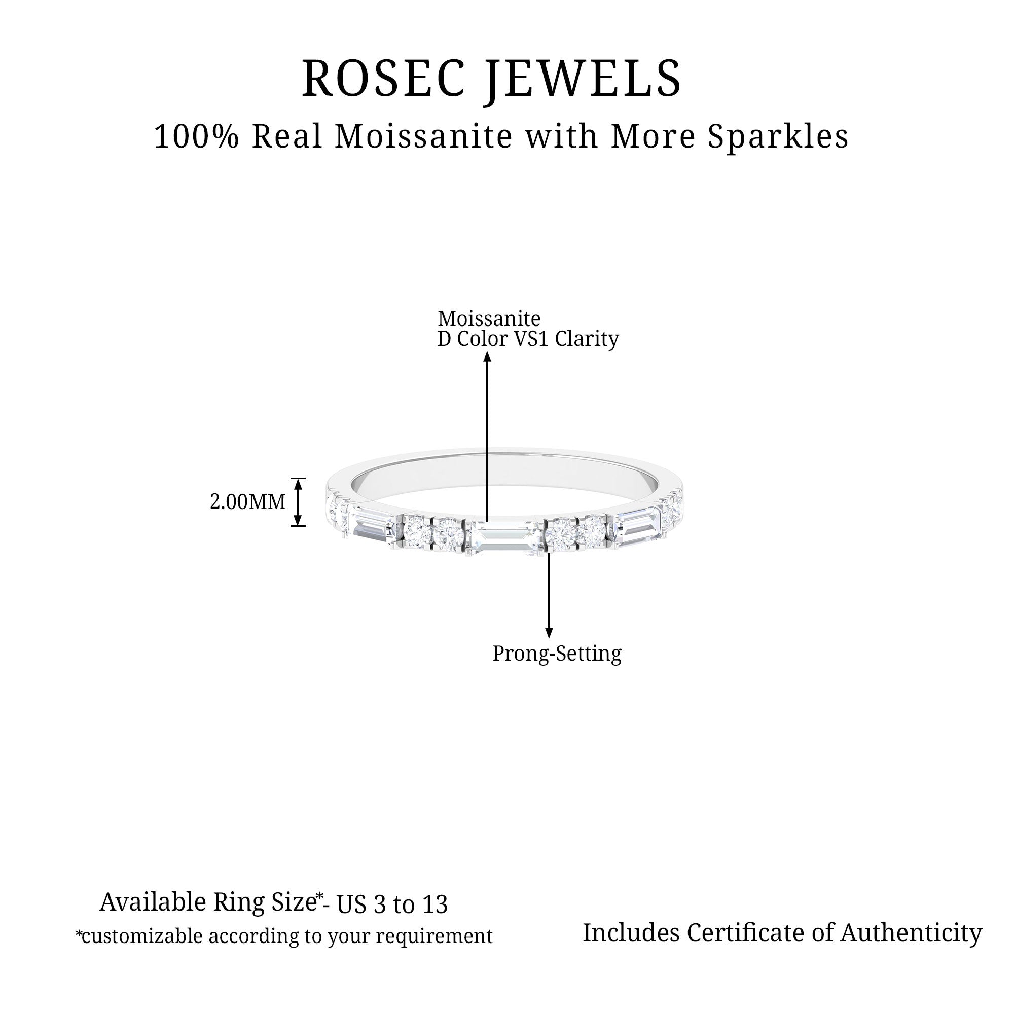 Rosec Jewels-0.25 CT Baguette and Round Cut Moissanite Stackable Ring