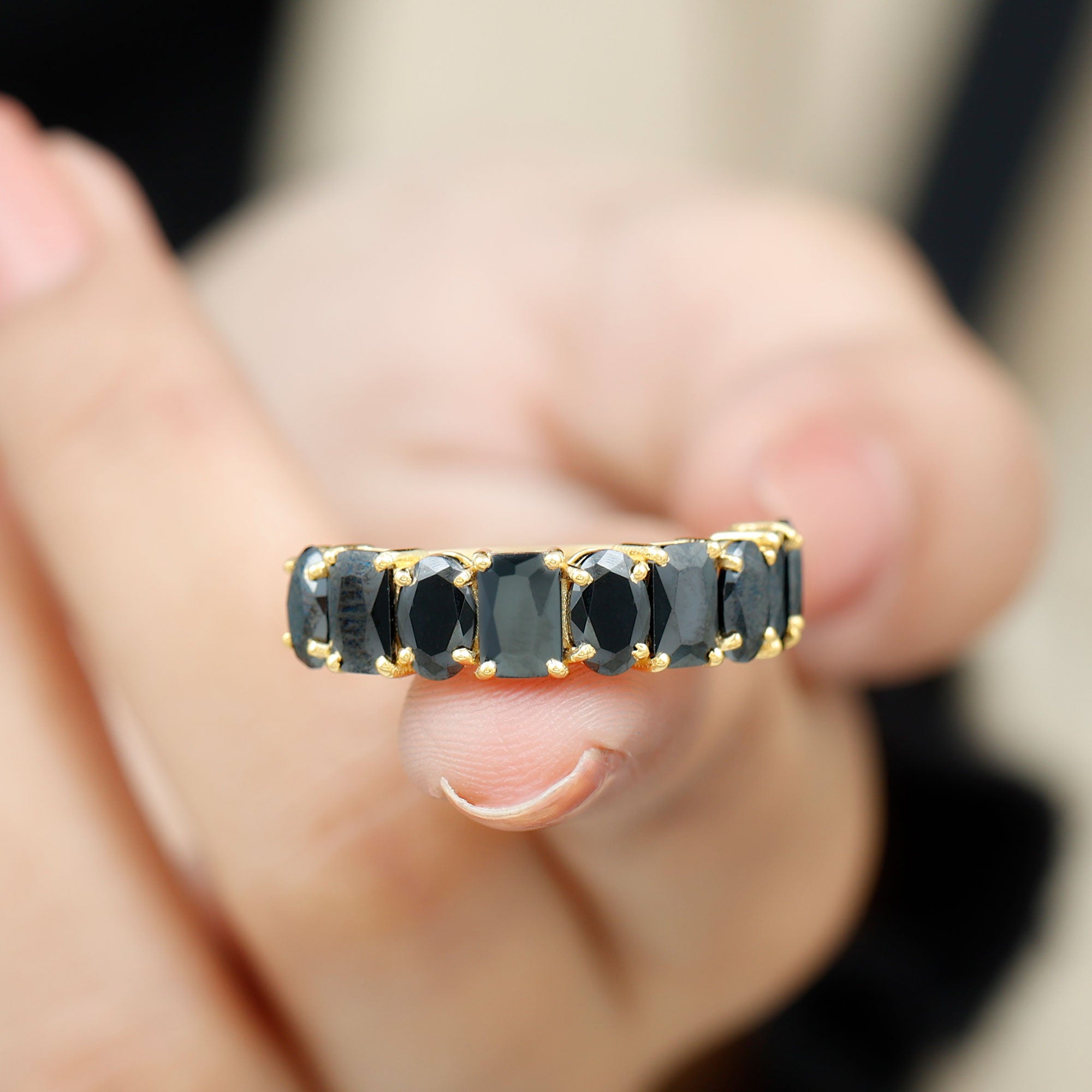 Natural Black Onyx Half Eternity Ring Black Onyx - ( AAA ) - Quality - Rosec Jewels