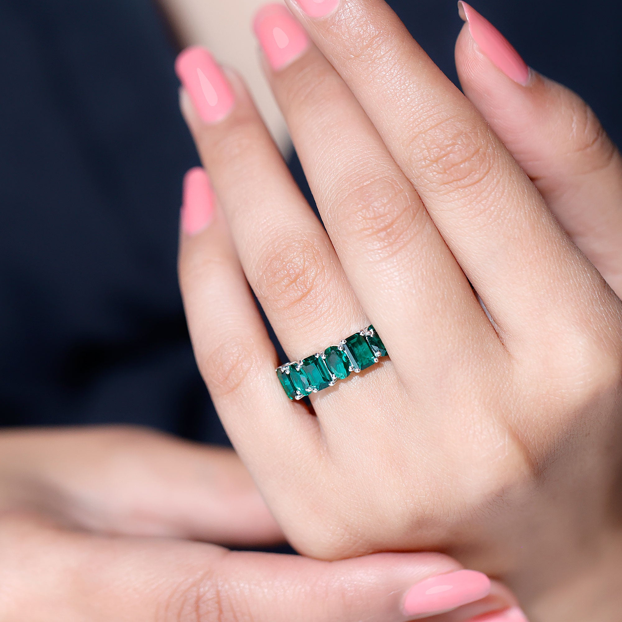 Emerald and Oval Lab Grown Emerald Half Eternity Ring Lab Created Emerald - ( AAAA ) - Quality 92.5 Sterling Silver 8 - Rosec Jewels