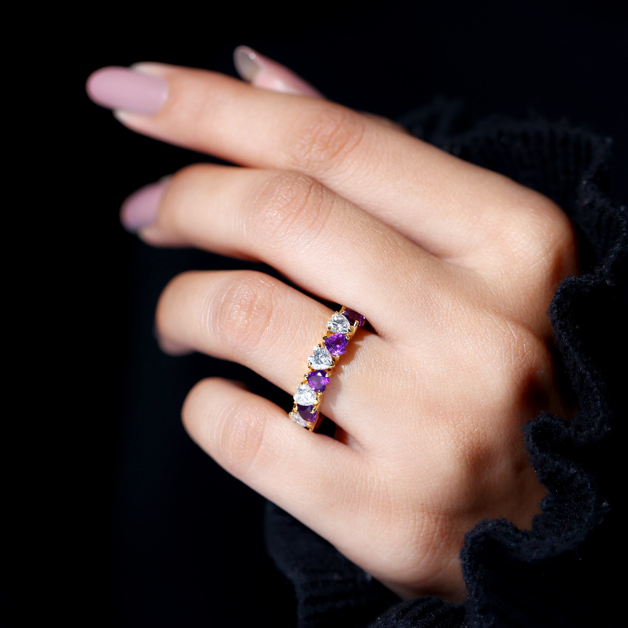 Rosec Jewels-Heart Shape Purple Amethyst and Moissanite Eternity Ring in Claw Setting