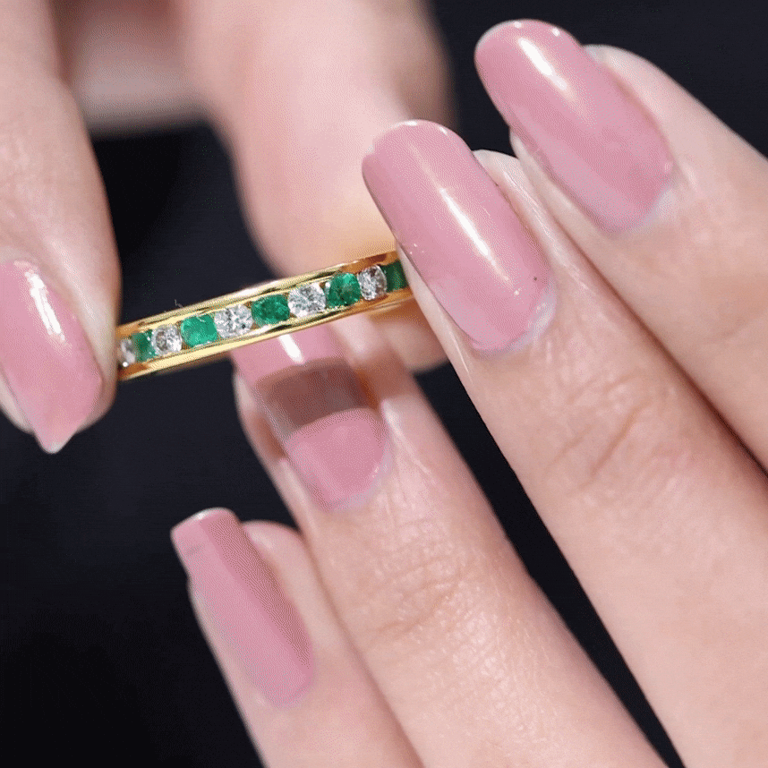Emerald and Diamond Semi Eternity Band Ring Emerald - ( AAA ) - Quality - Rosec Jewels