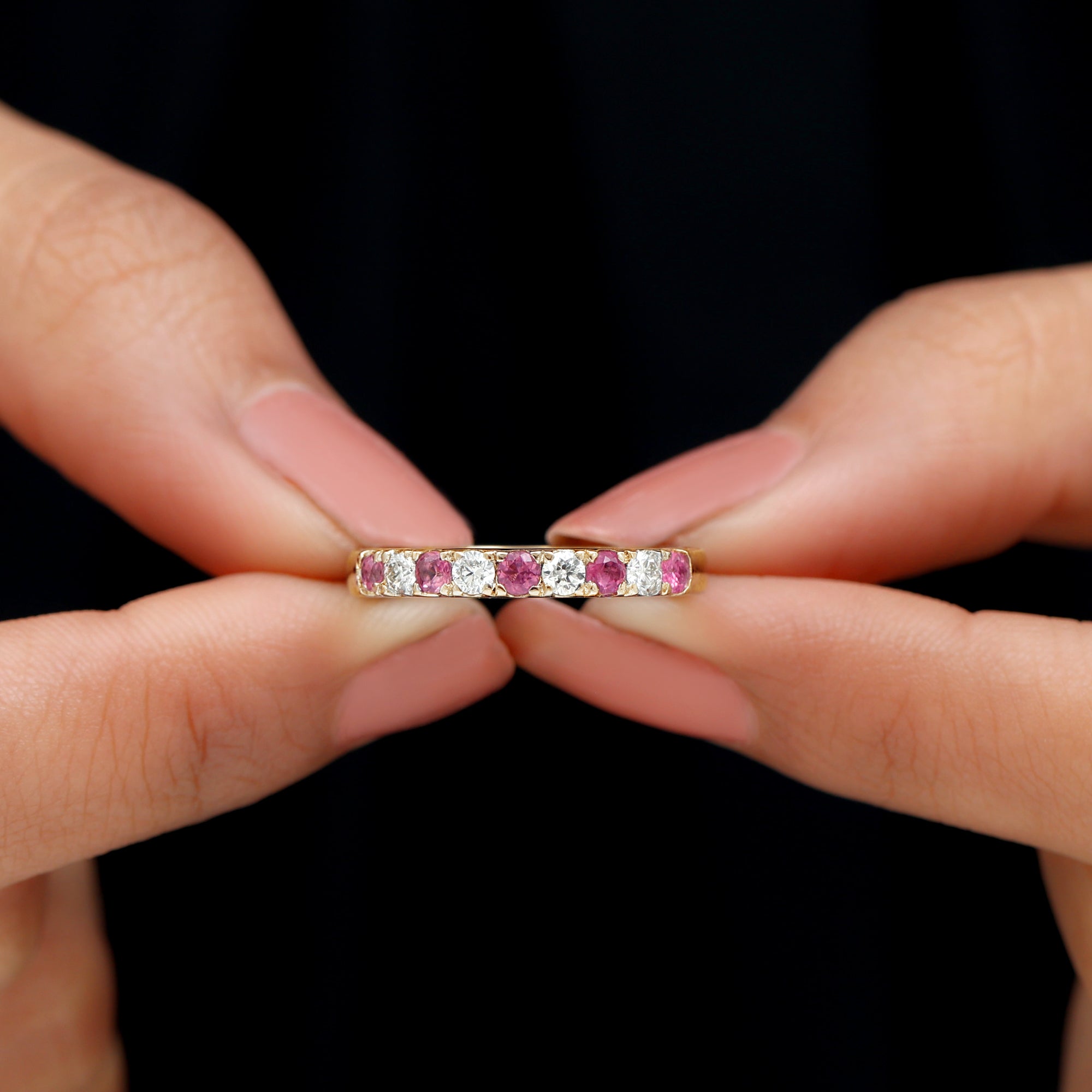 Pink Tourmaline and Diamond Nine Stone Band Ring Pink Tourmaline - ( AAA ) - Quality - Rosec Jewels