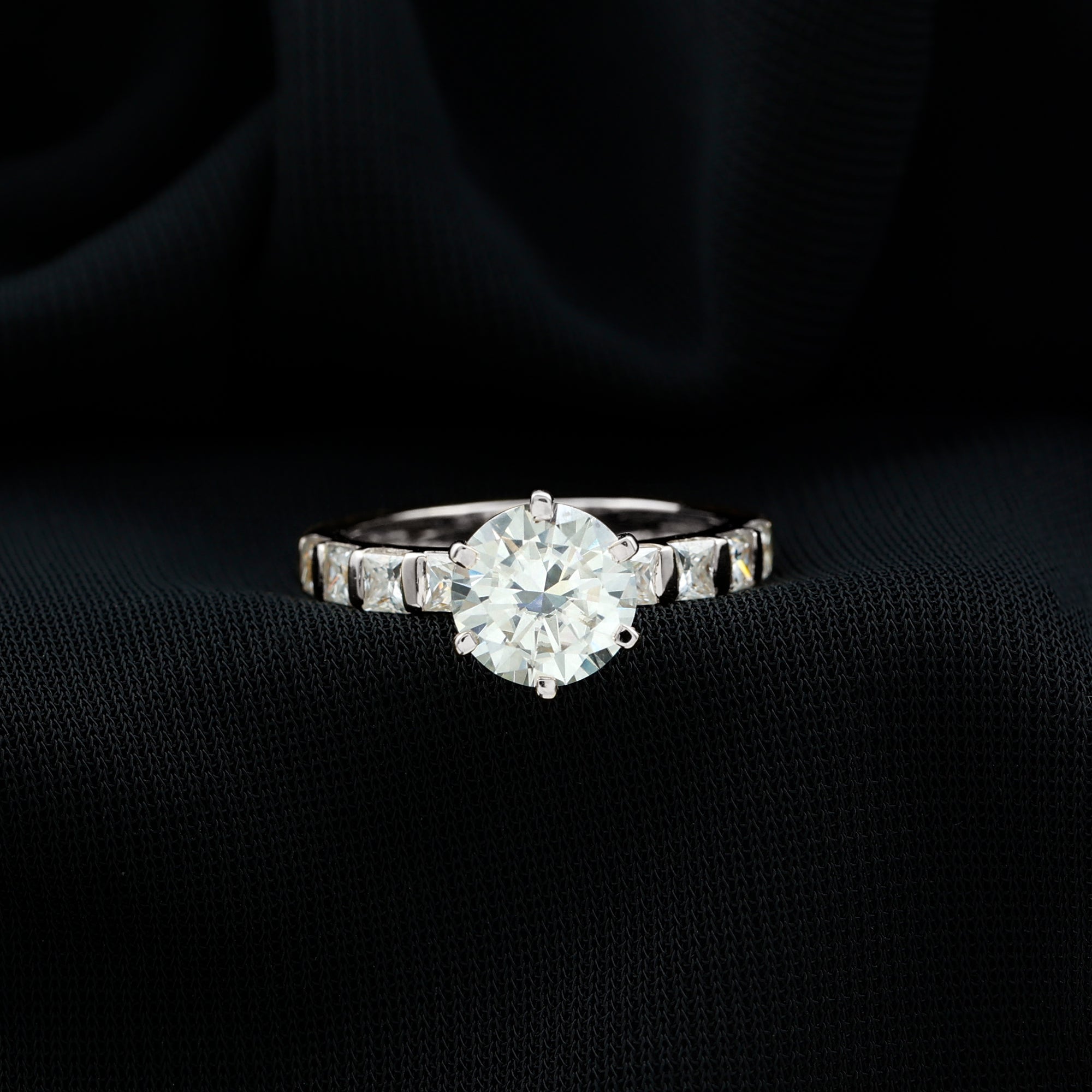 Round Moissanite Solitaire Engagement Ring with Princess Cut Side Stones Moissanite - ( D-VS1 ) - Color and Clarity - Rosec Jewels