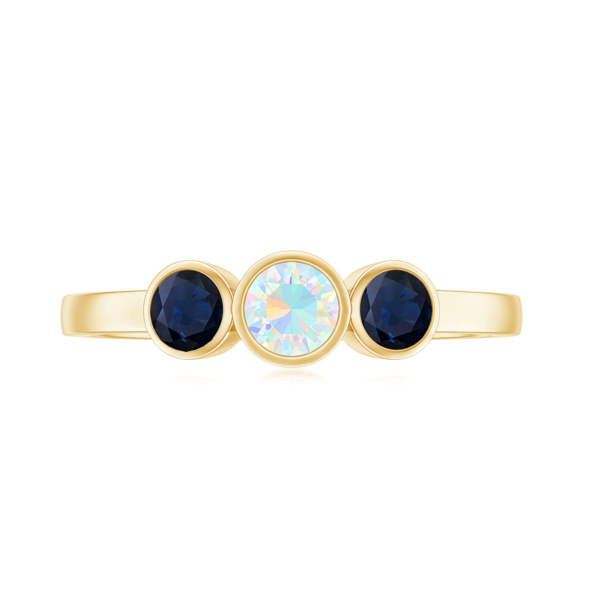 1 CT Minimal Ethiopian Opal and Blue Sapphire Three Stone Ring in Bezel Setting Ethiopian Opal - ( AAA ) - Quality - Rosec Jewels