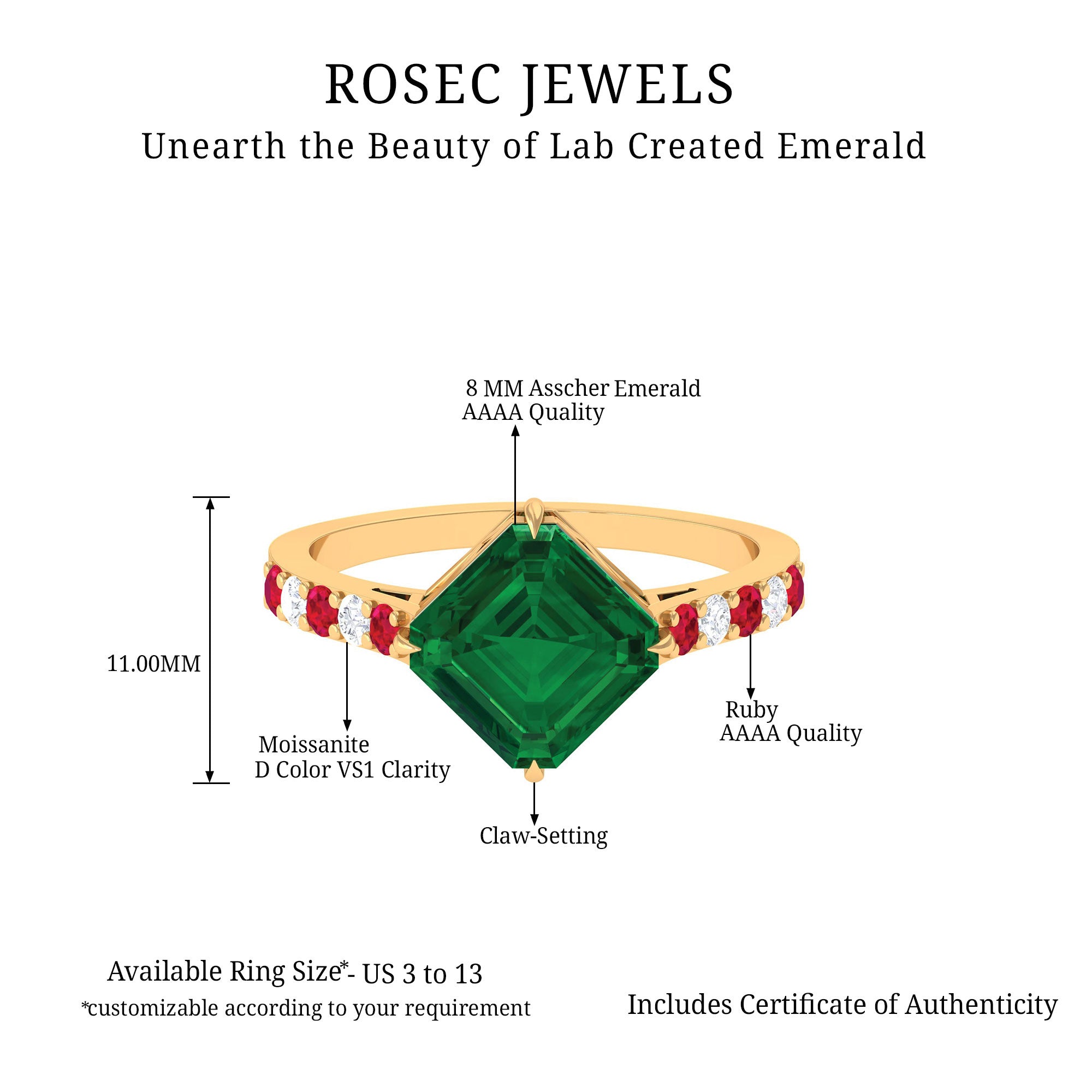 Created Emerald Solitaire Engagement Ring with Moissanite Lab Created Emerald - ( AAAA ) - Quality - Rosec Jewels