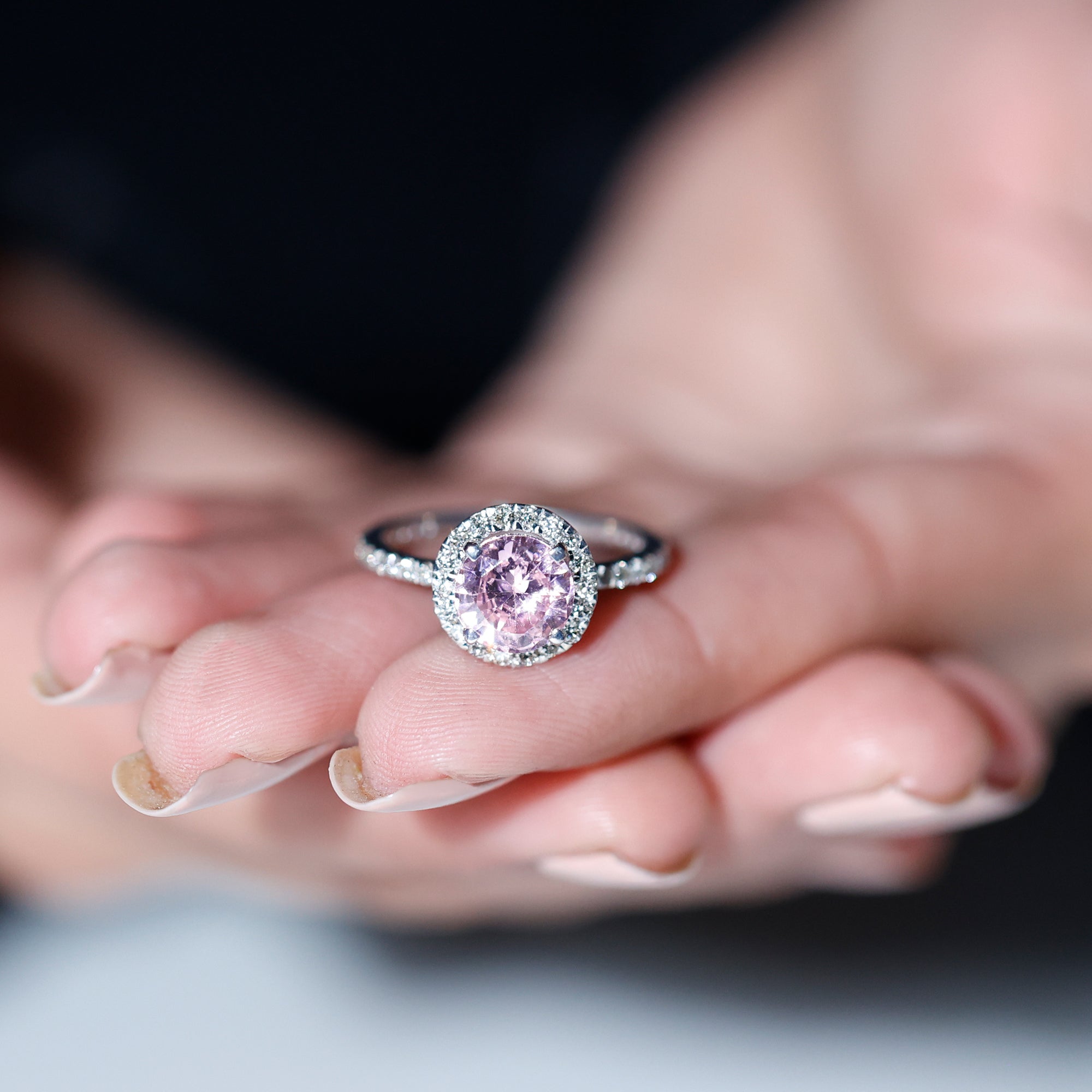 Round Lab Created Pink Sapphire Halo Engagement Ring with Diamond Lab Created Pink Sapphire - ( AAAA ) - Quality - Rosec Jewels