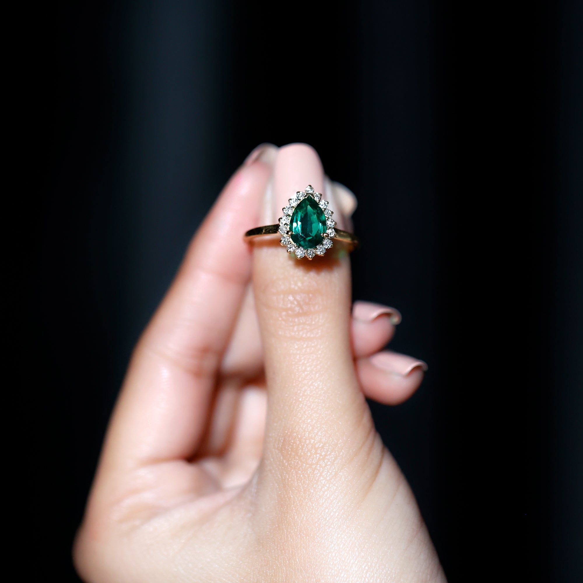 Pear Created Emerald and Diamond Halo Engagement Ring Lab Created Emerald - ( AAAA ) - Quality - Rosec Jewels