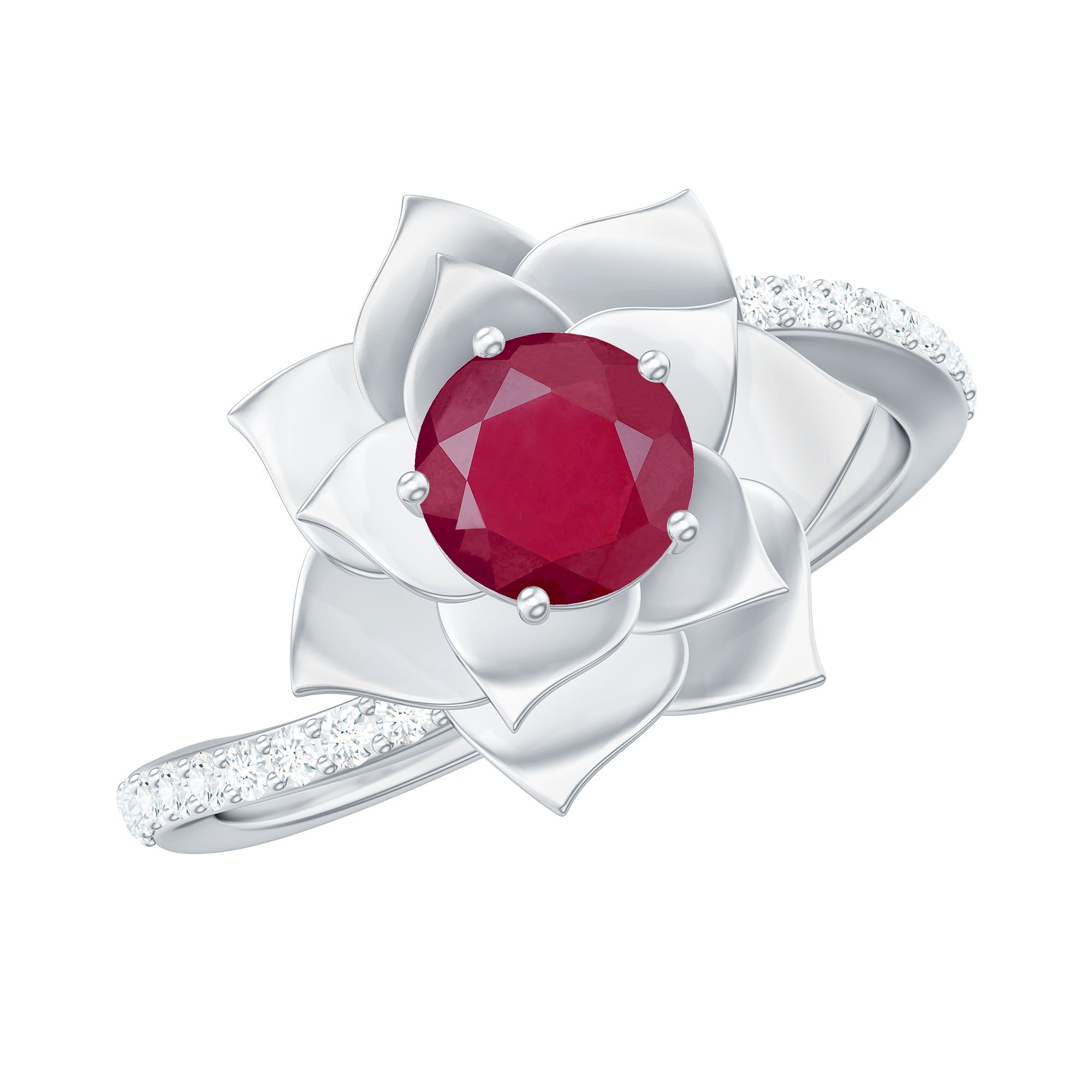 Round Ruby and Diamond Floral Engagement Ring with Bypass Shank Ruby - ( AAA ) - Quality - Rosec Jewels