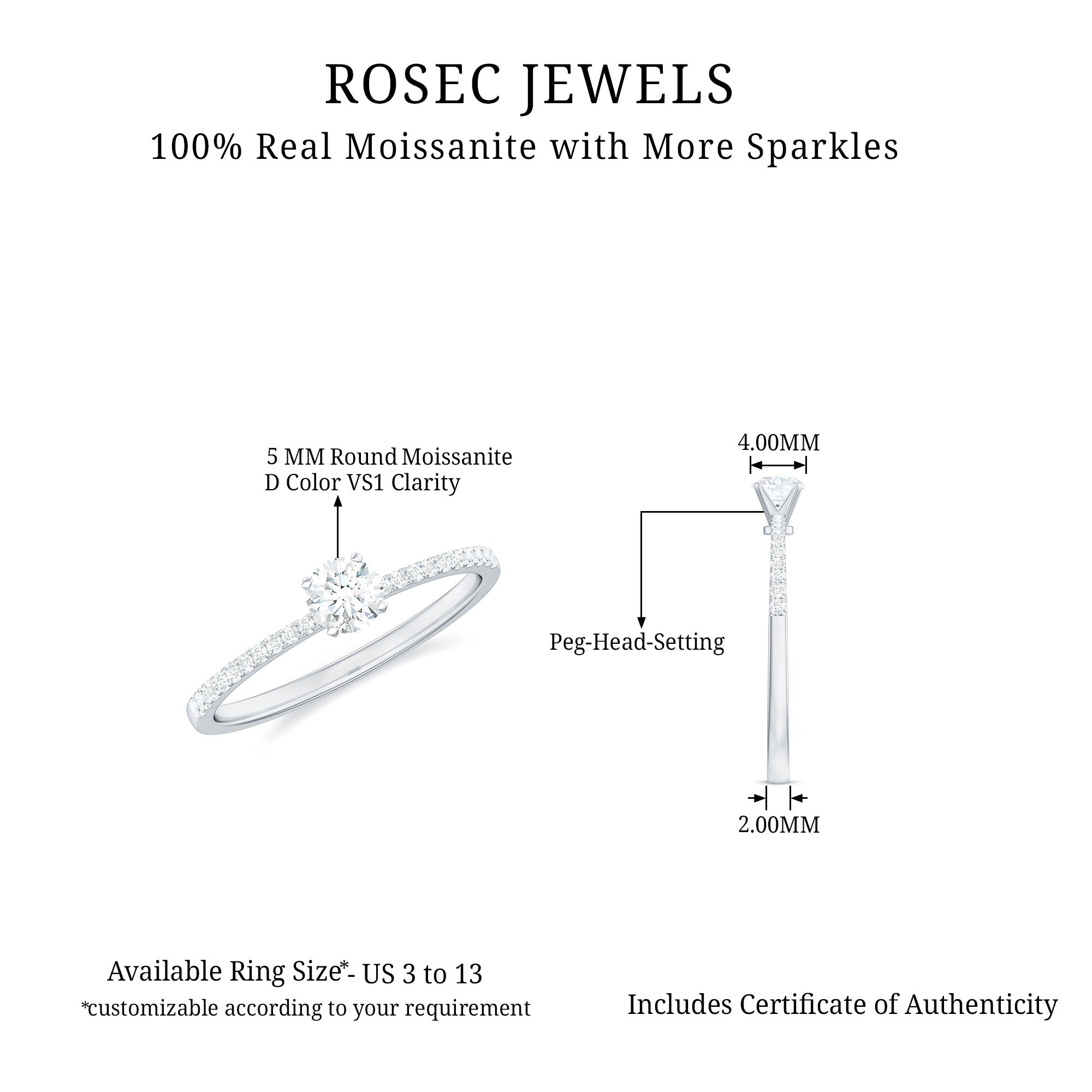 1/2 CT Outstanding Moissanite Solitaire Ring with Side Stones Moissanite - ( D-VS1 ) - Color and Clarity - Rosec Jewels