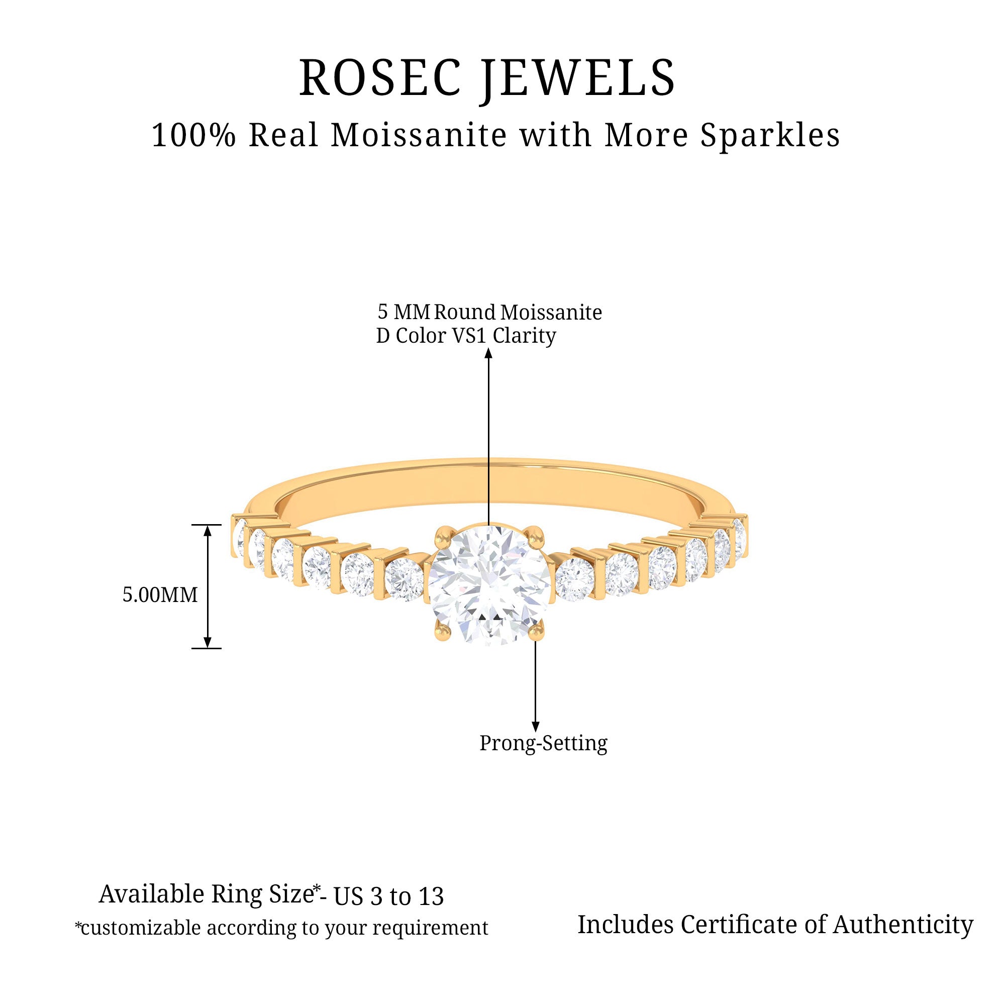 Round Moissanite Side Stone Engagement Ring Moissanite - ( D-VS1 ) - Color and Clarity - Rosec Jewels