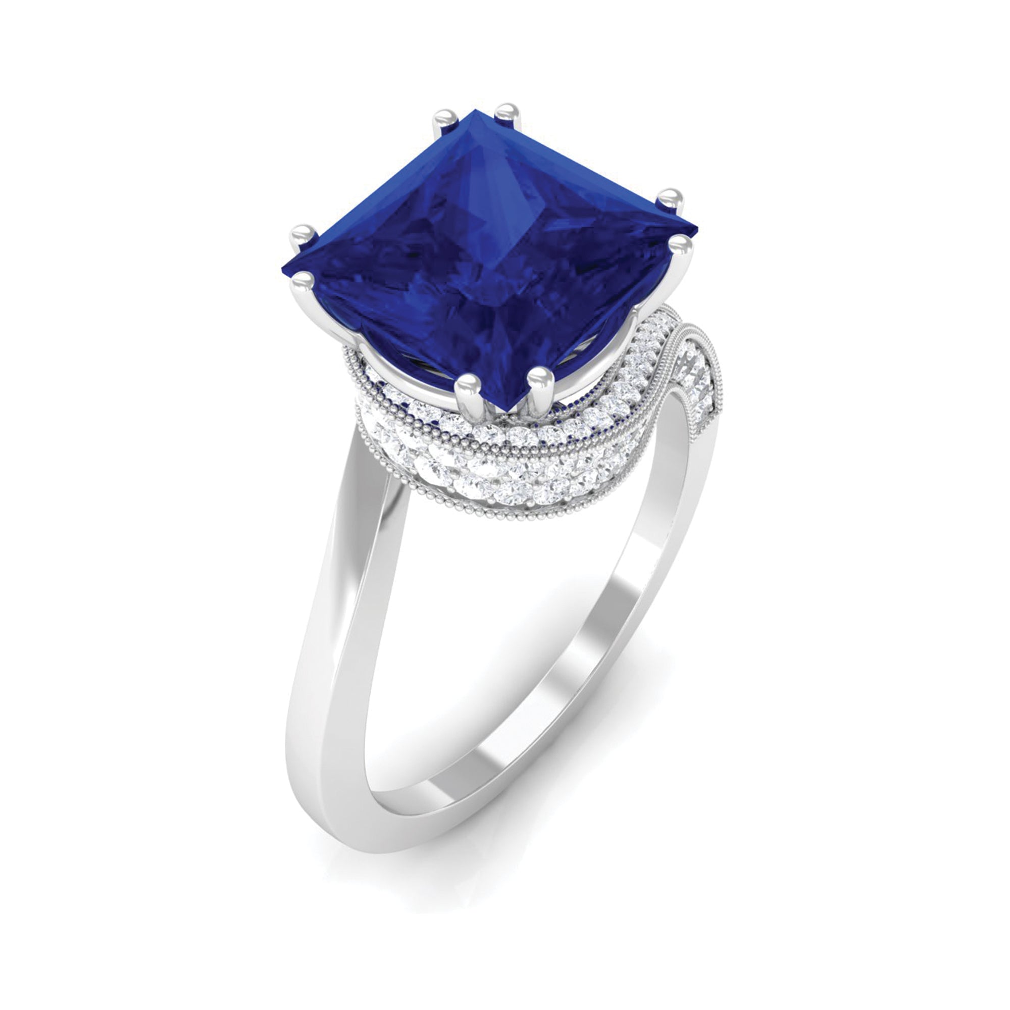 Unique Created Blue Sapphire Solitaire Engagement Ring Lab Created Blue Sapphire - ( AAAA ) - Quality - Rosec Jewels