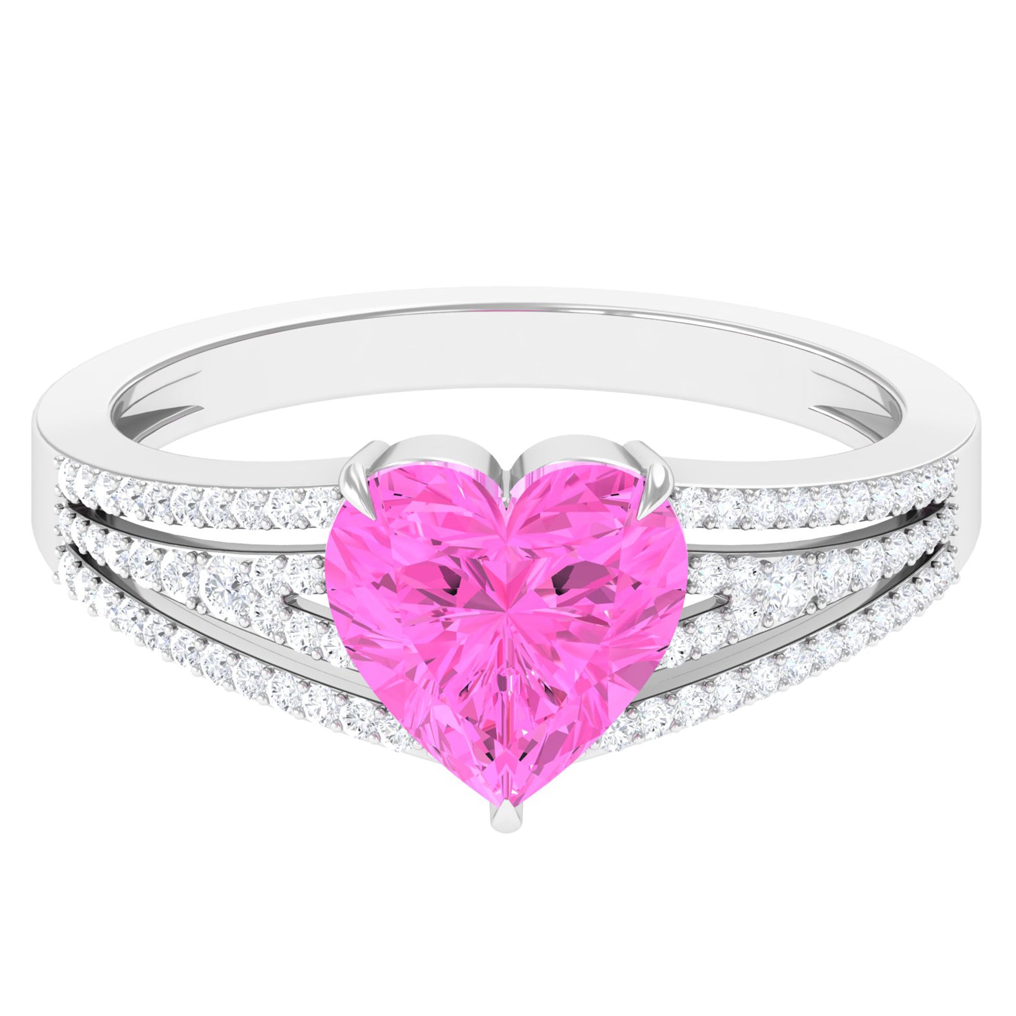 Created Pink Sapphire Heart Engagement Ring with Diamond Lab Created Pink Sapphire - ( AAAA ) - Quality - Rosec Jewels