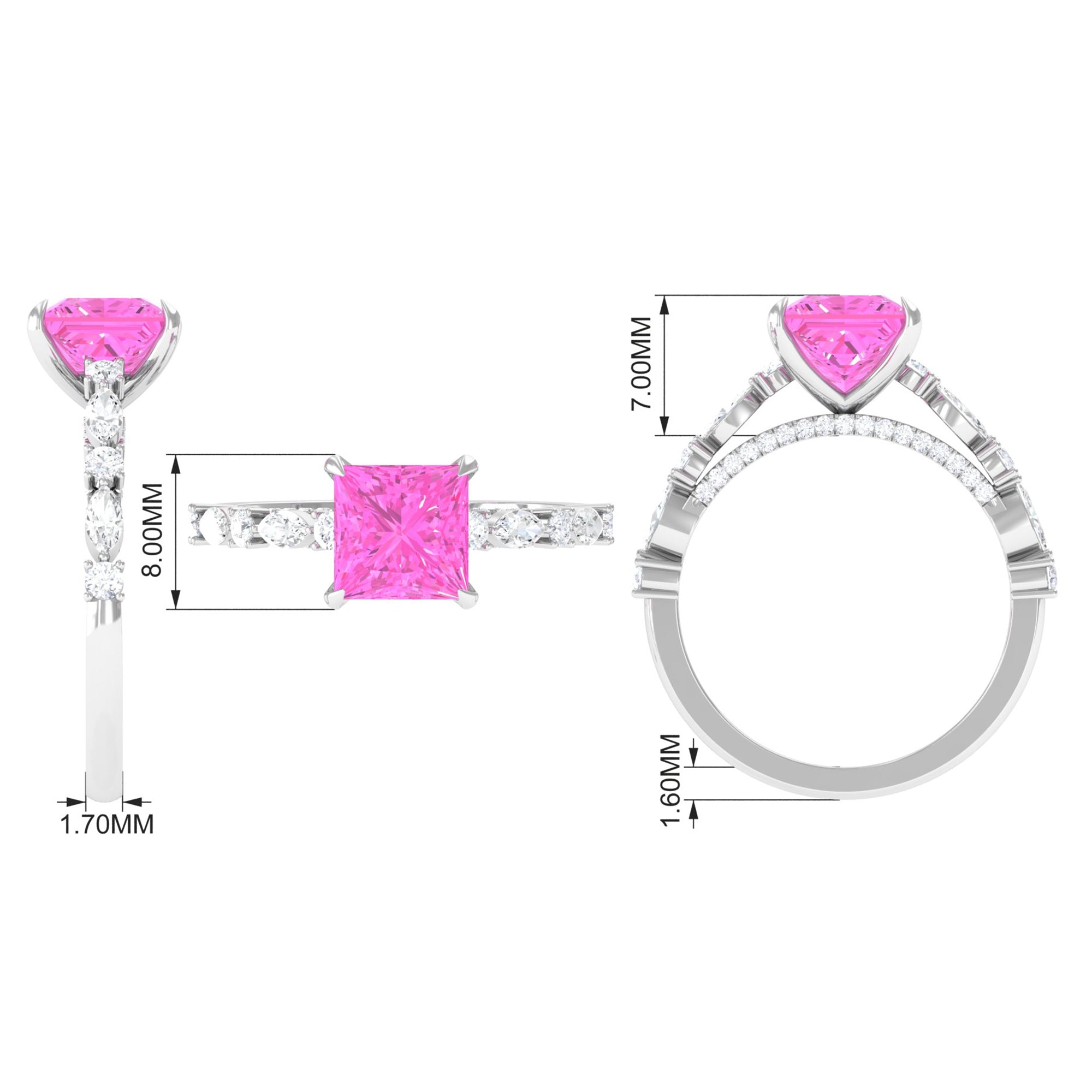 Princess Cut Lab Grown Pink Sapphire Engagement Ring with Moissanite Lab Created Pink Sapphire - ( AAAA ) - Quality - Rosec Jewels