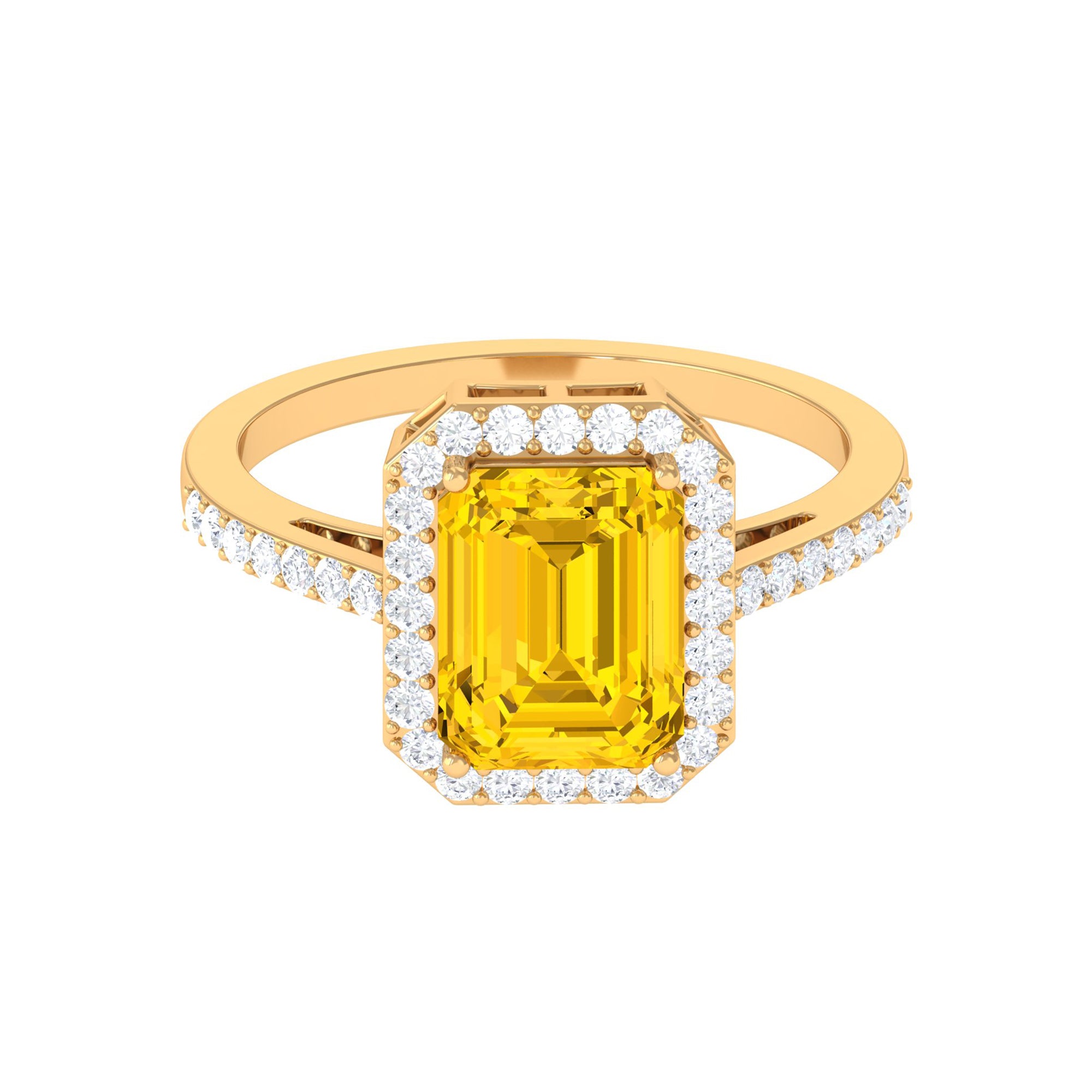 Lab Grown Yellow Sapphire Emerald Cut Engagement Ring with Diamond Lab Created Yellow Sapphire - ( AAAA ) - Quality - Rosec Jewels