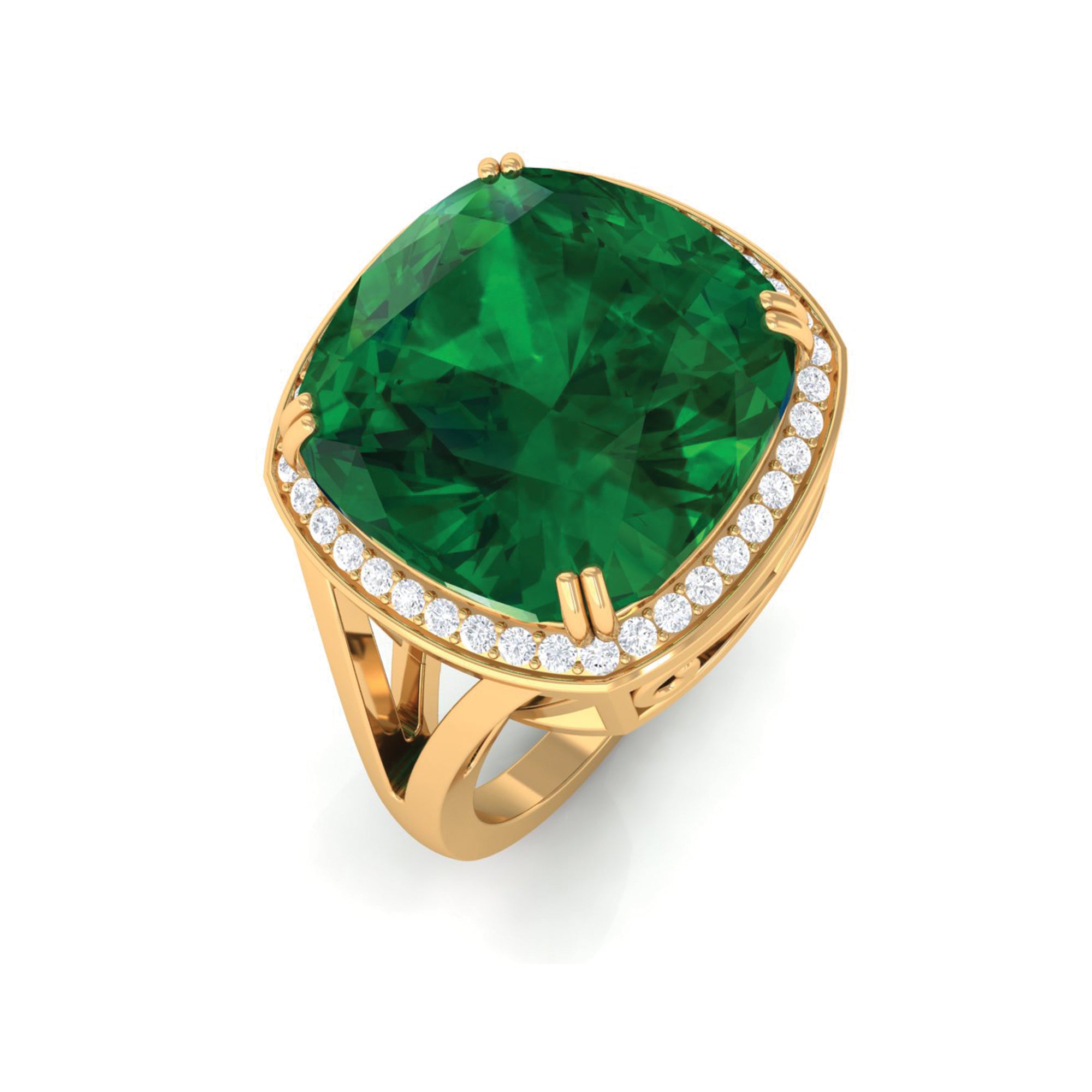 Cushion Cut Created Emerald Halo Cocktail Ring with Diamond Lab Created Emerald - ( AAAA ) - Quality - Rosec Jewels