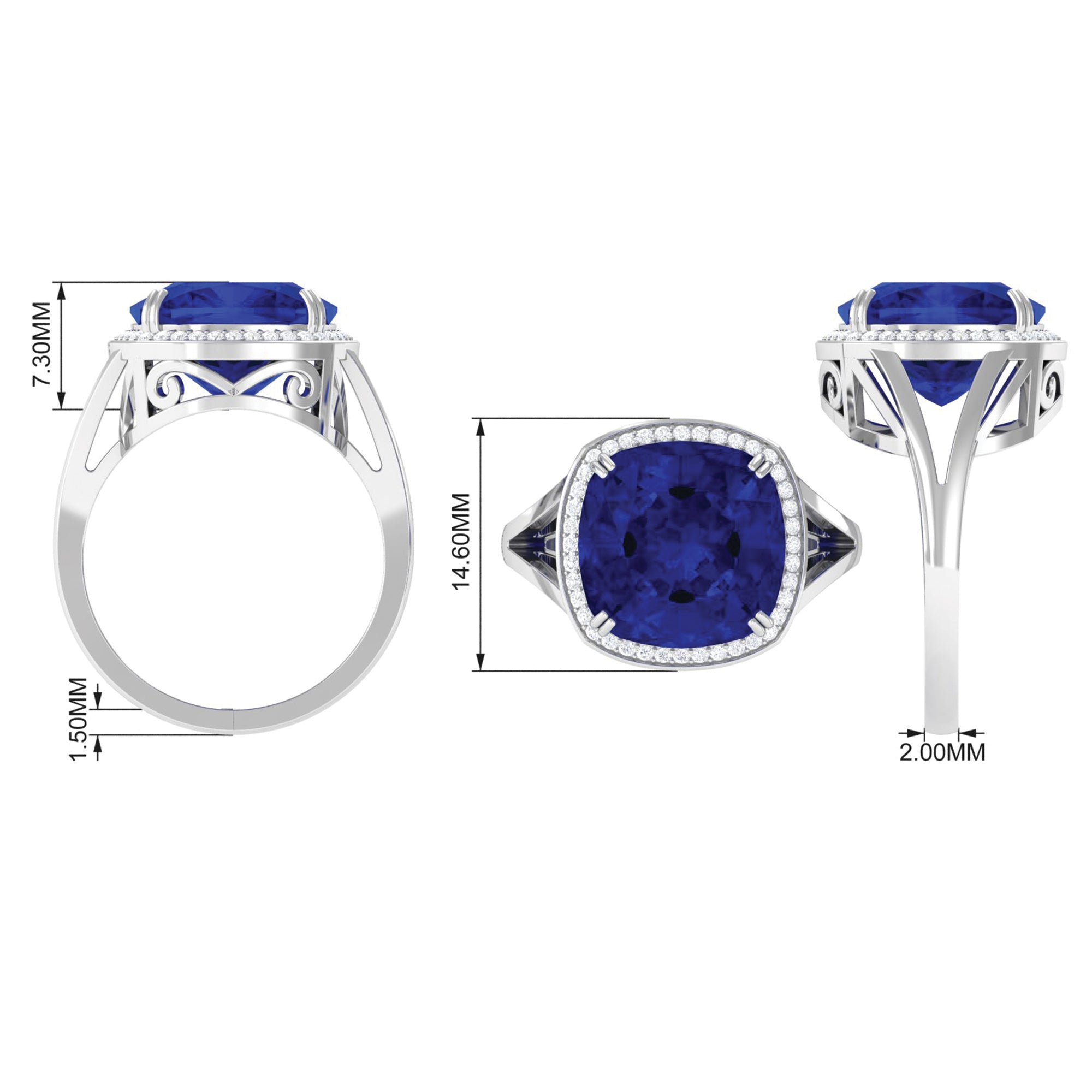 Cushion Cut Lab Grown Blue Sapphire Engagement Ring with Diamond Lab Created Blue Sapphire - ( AAAA ) - Quality - Rosec Jewels