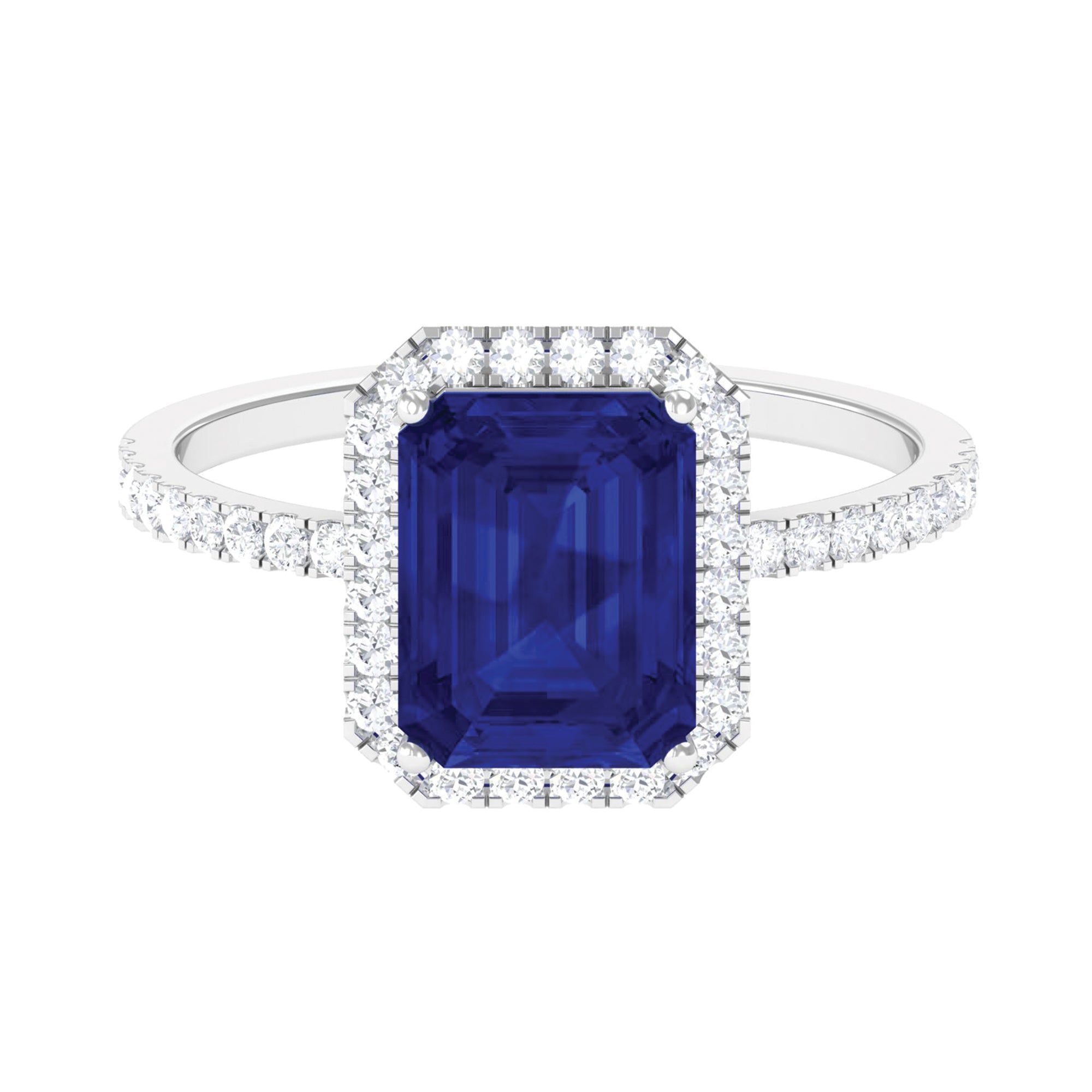 3 CT Emerald Cut Lab Grown Blue Sapphire Halo Engagement Ring Lab Created Blue Sapphire - ( AAAA ) - Quality - Rosec Jewels