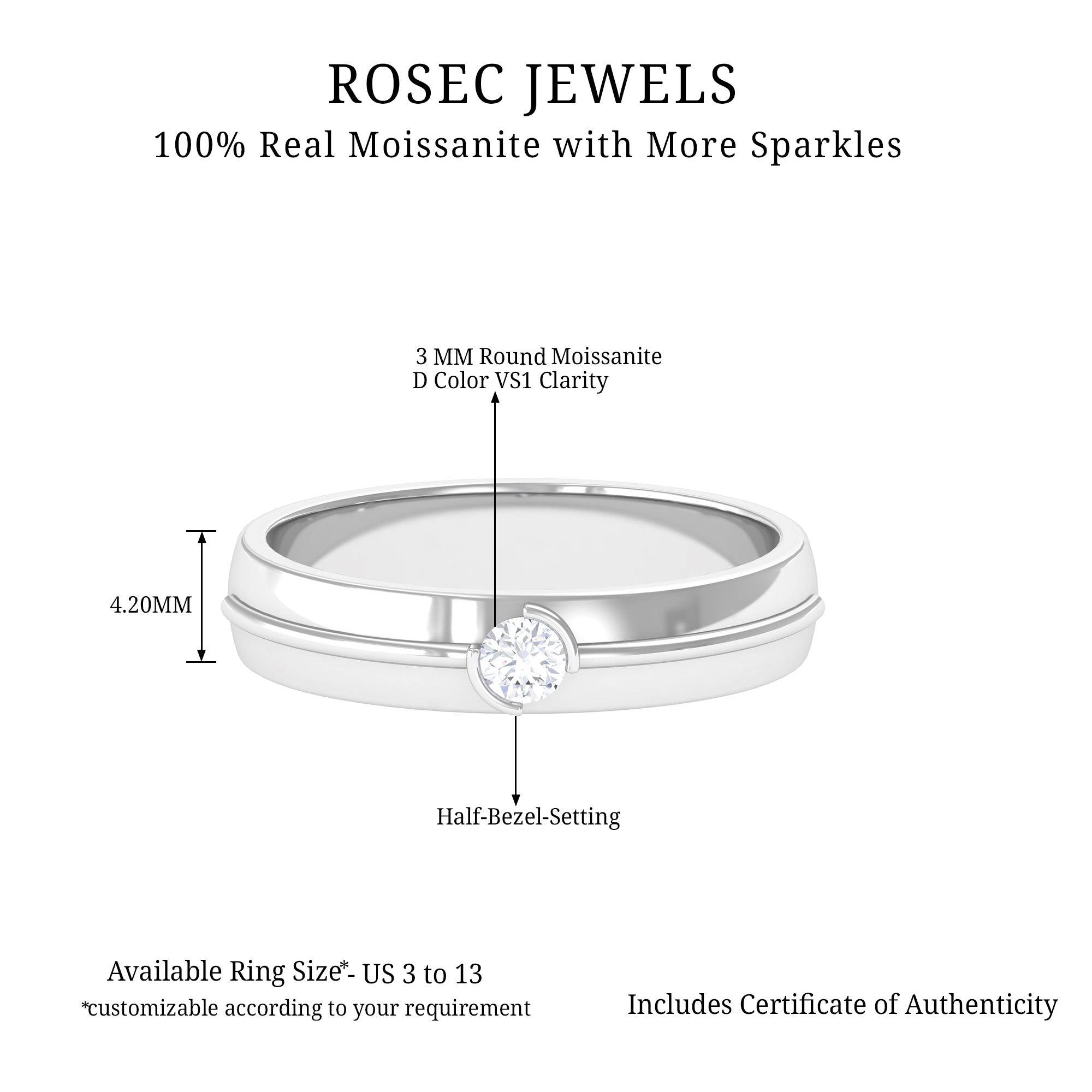 Half Bezel Set Round Moissanite Wedding Band Ring Moissanite - ( D-VS1 ) - Color and Clarity - Rosec Jewels