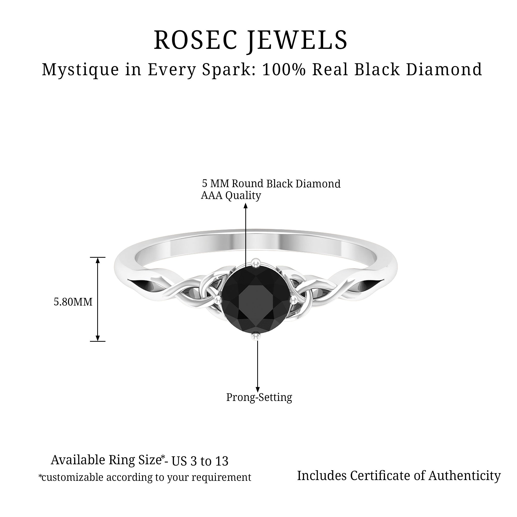 Round Black Diamond Solitaire Ring with Celtic Pattern Black Diamond - ( AAA ) - Quality - Rosec Jewels