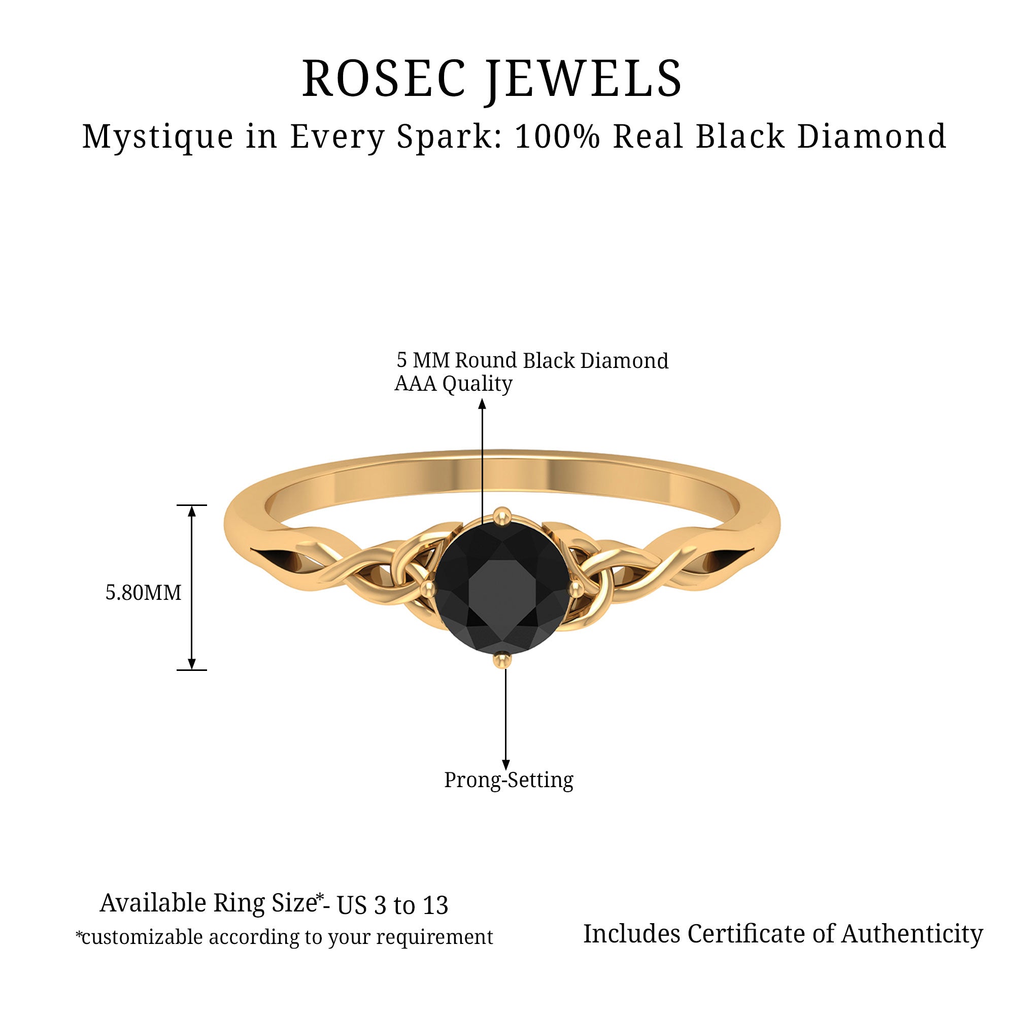 Round Black Diamond Solitaire Ring with Celtic Pattern Black Diamond - ( AAA ) - Quality - Rosec Jewels