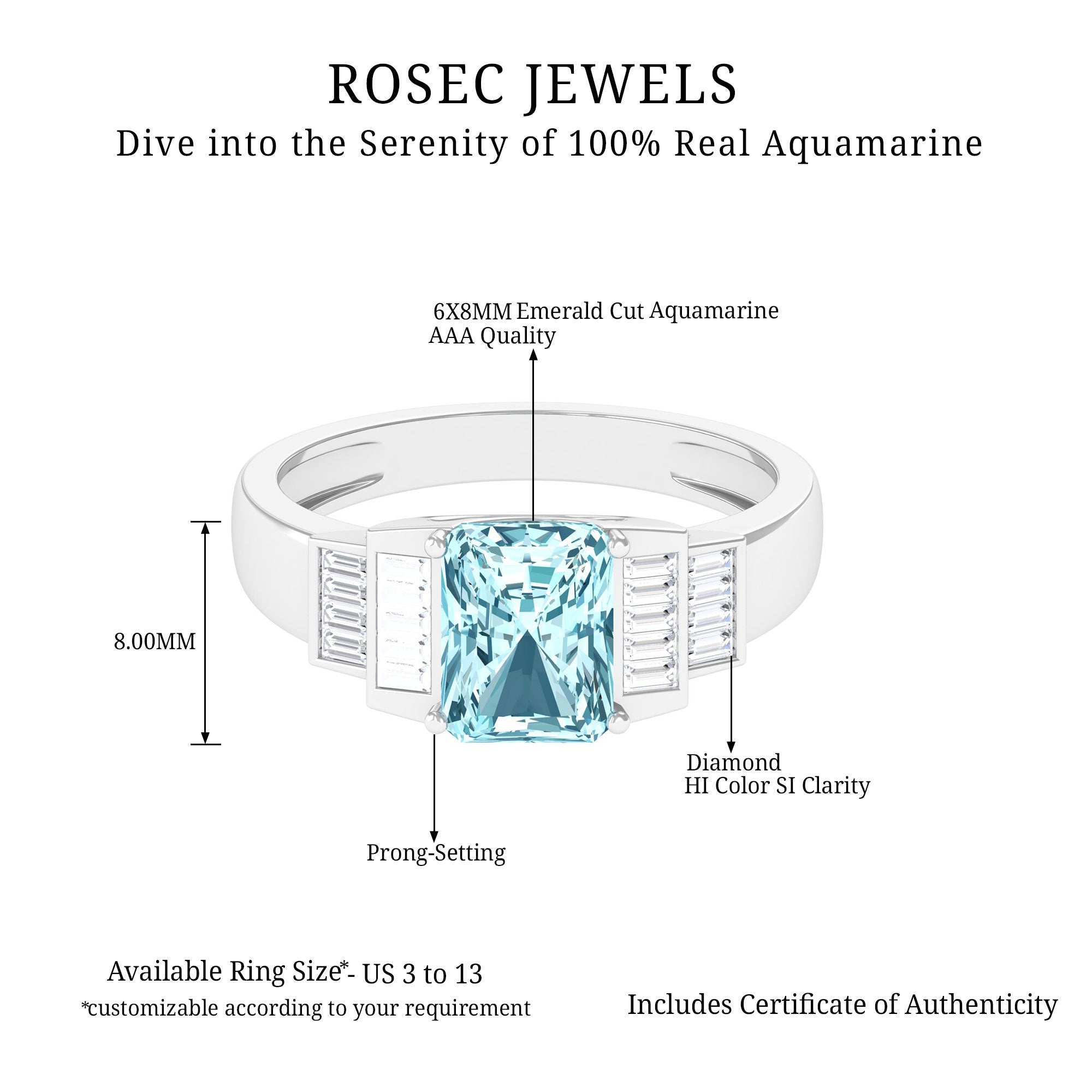 Octagon Cut Aquamarine Statement Engagement Ring with Diamond Accent Aquamarine - ( AAA ) - Quality - Rosec Jewels