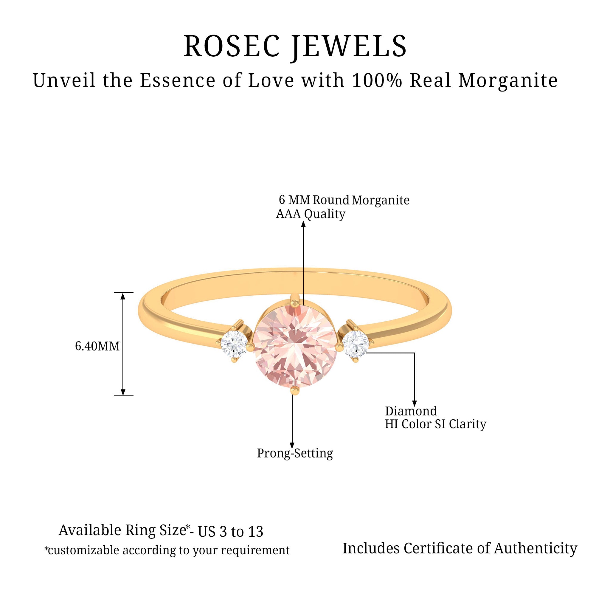 Round Morganite Solitaire Promise Ring with Diamond Morganite - ( AAA ) - Quality - Rosec Jewels