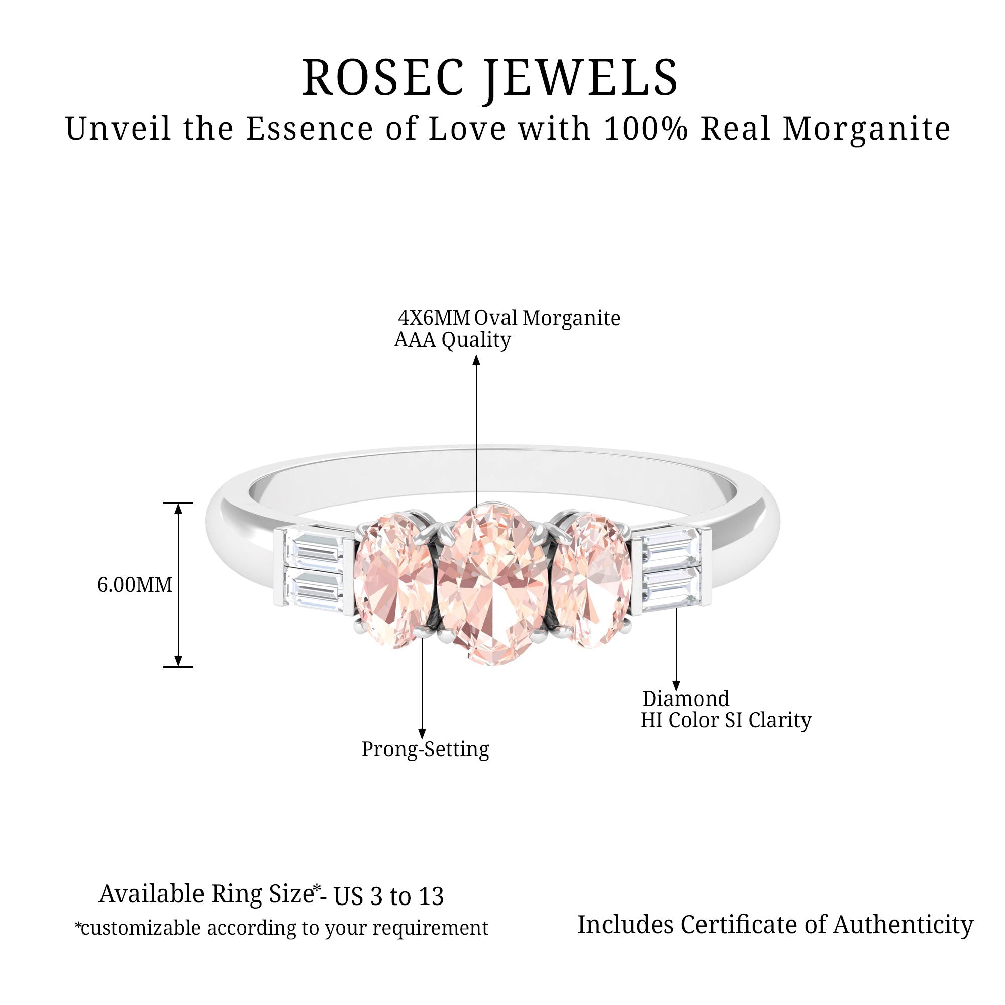 0.75 CT Oval Cut Morganite Three Stone Ring with Diamond Morganite - ( AAA ) - Quality - Rosec Jewels