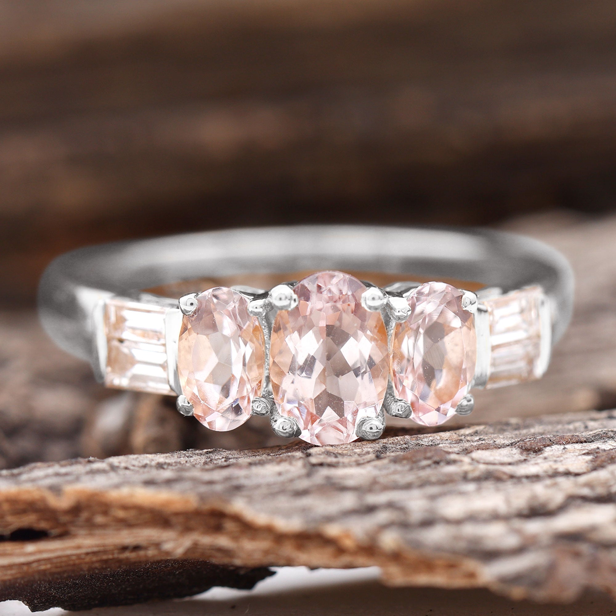 0.75 CT Oval Cut Morganite Three Stone Ring with Diamond Morganite - ( AAA ) - Quality - Rosec Jewels