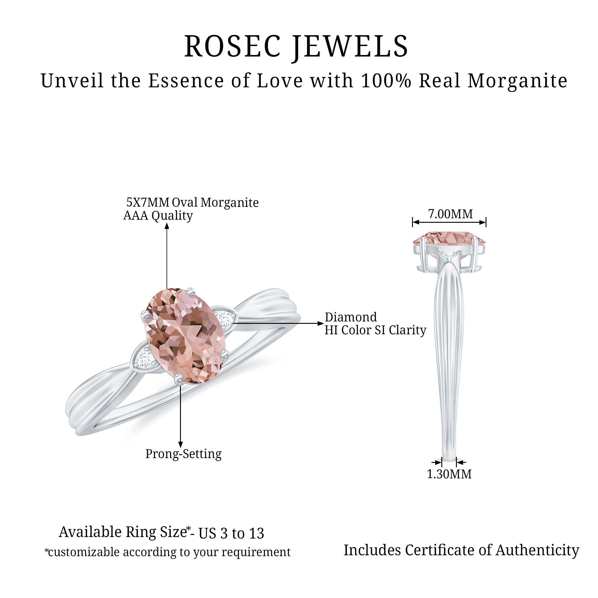 3/4 CT Oval Cut Morganite Solitaire Ring with Diamond Morganite - ( AAA ) - Quality - Rosec Jewels