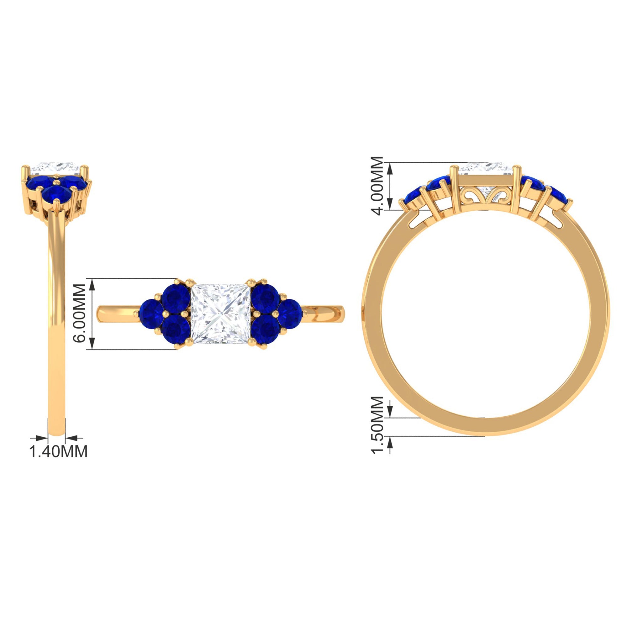 Rosec Jewels-Moissanite Princess Cut Engagement Ring With Lab Grown Blue Sapphire Side Stone