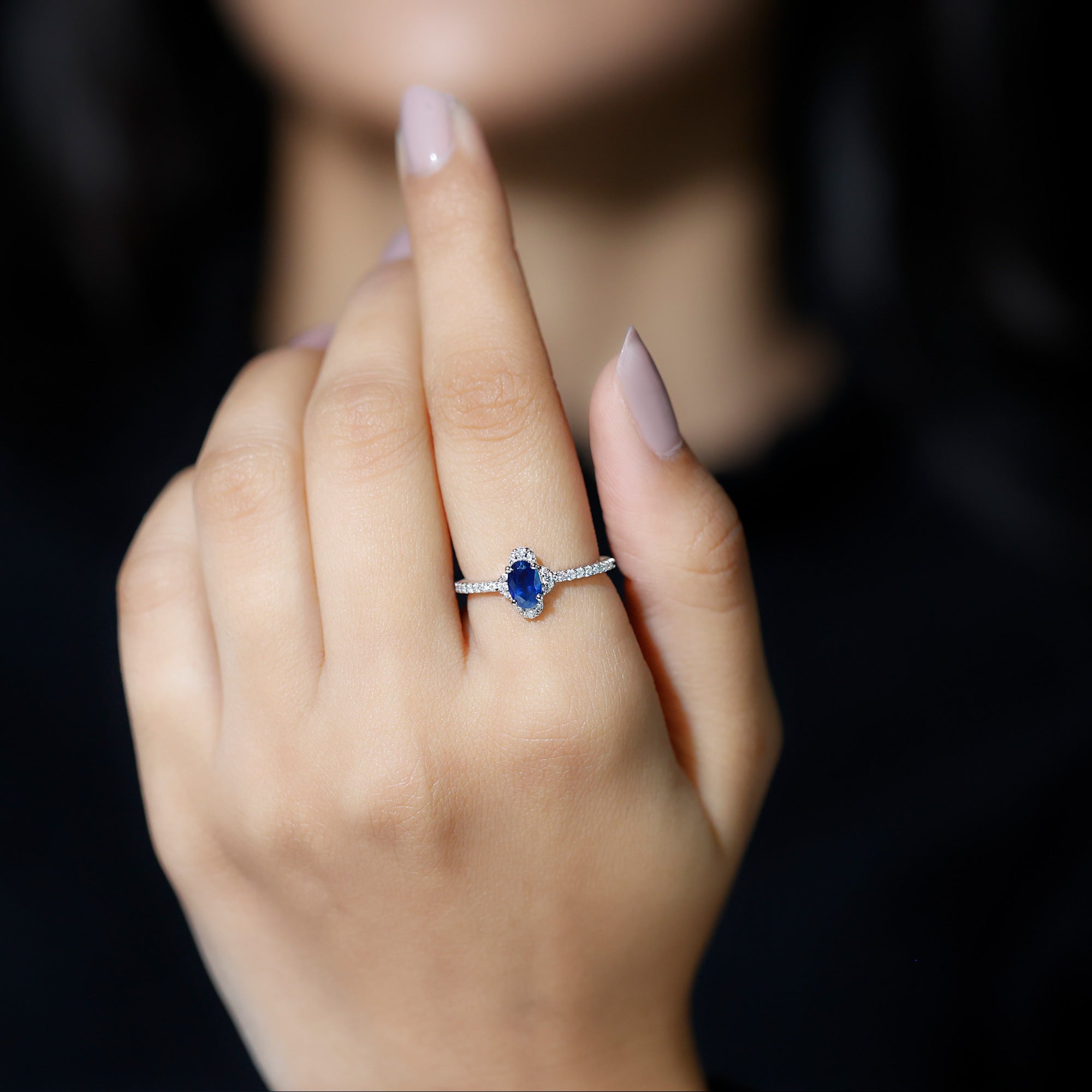 1 CT Oval Cut Blue Sapphire Classic Solitaire Ring with Diamond Halo Blue Sapphire - ( AAA ) - Quality - Rosec Jewels