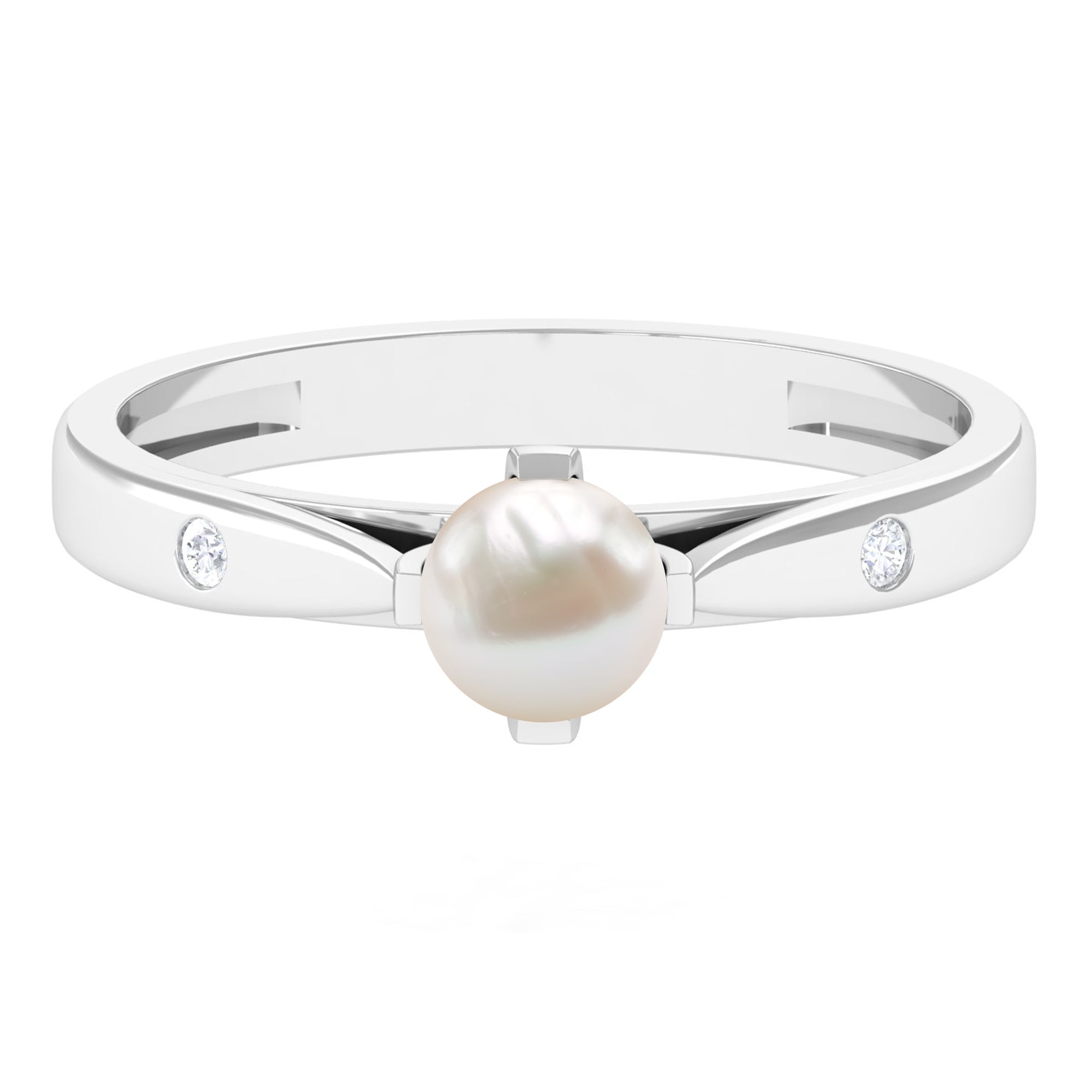 Elegant Bead Set Freshwater Pearl Solitaire Promise Ring with Diamond Freshwater Pearl - ( AAA ) - Quality - Rosec Jewels