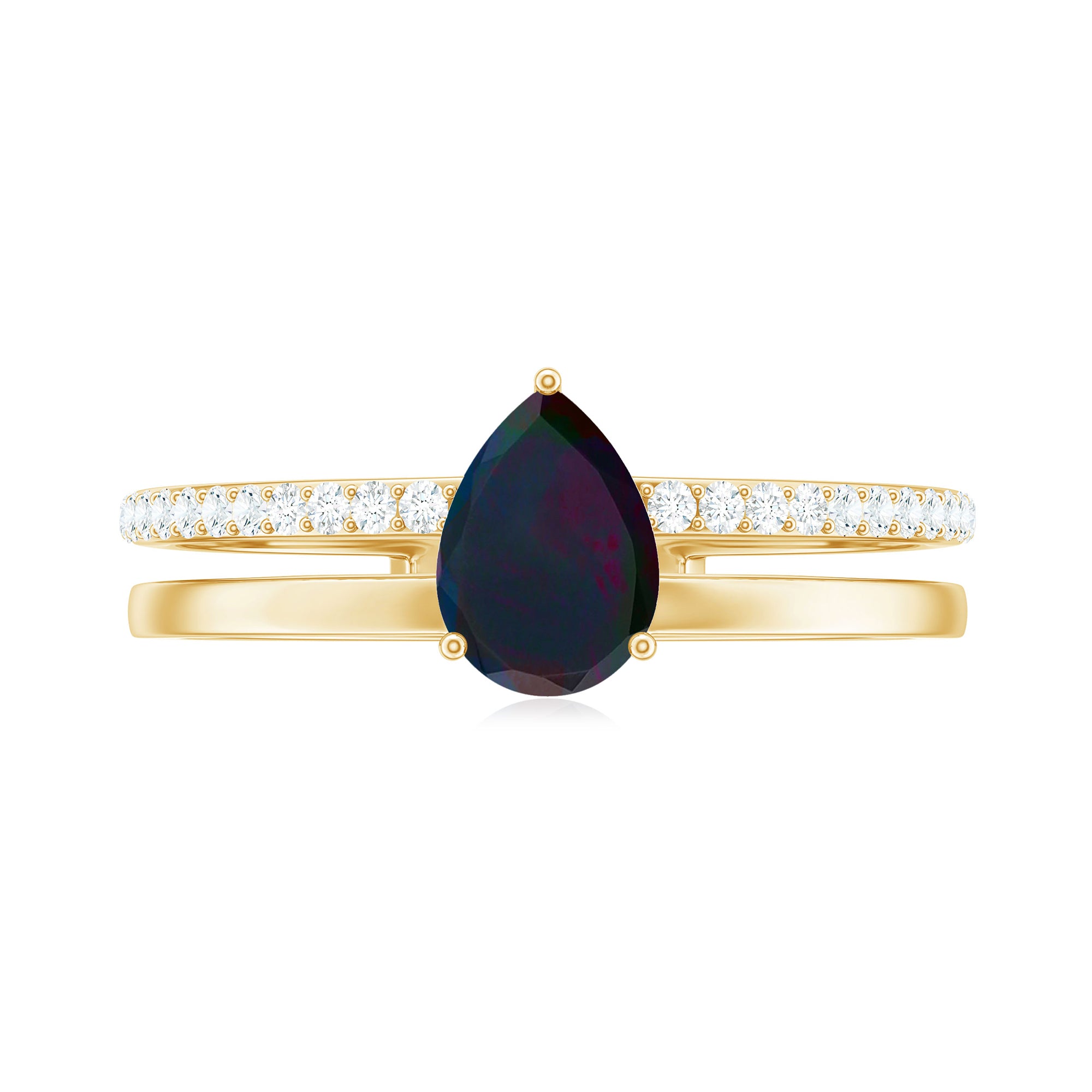 Pear Cut Black Opal and Diamond Double Band Engagement Ring Black Opal - ( AAA ) - Quality - Rosec Jewels