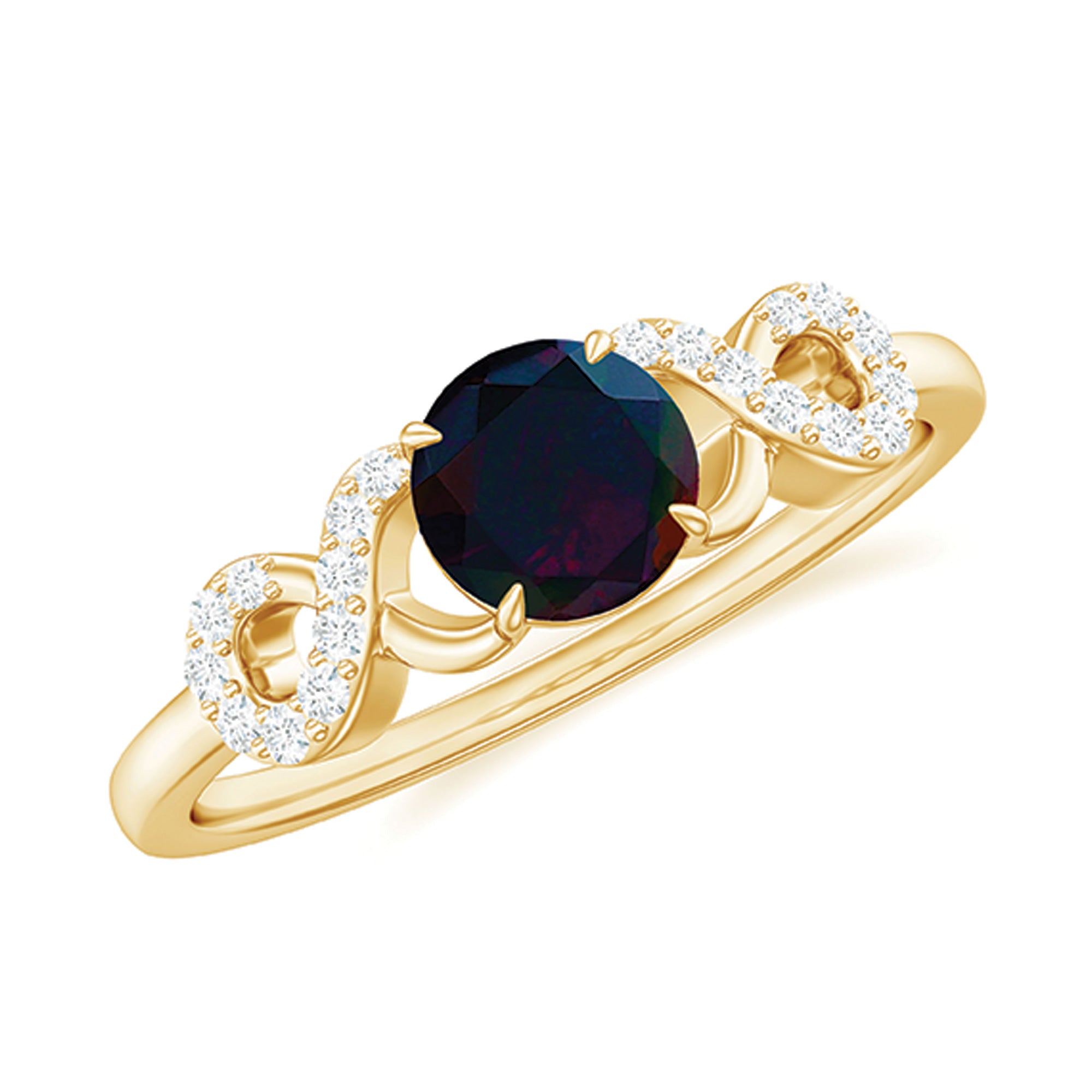 Round Black Opal Criss Cross Promise Ring with Diamond Black Opal - ( AAA ) - Quality - Rosec Jewels