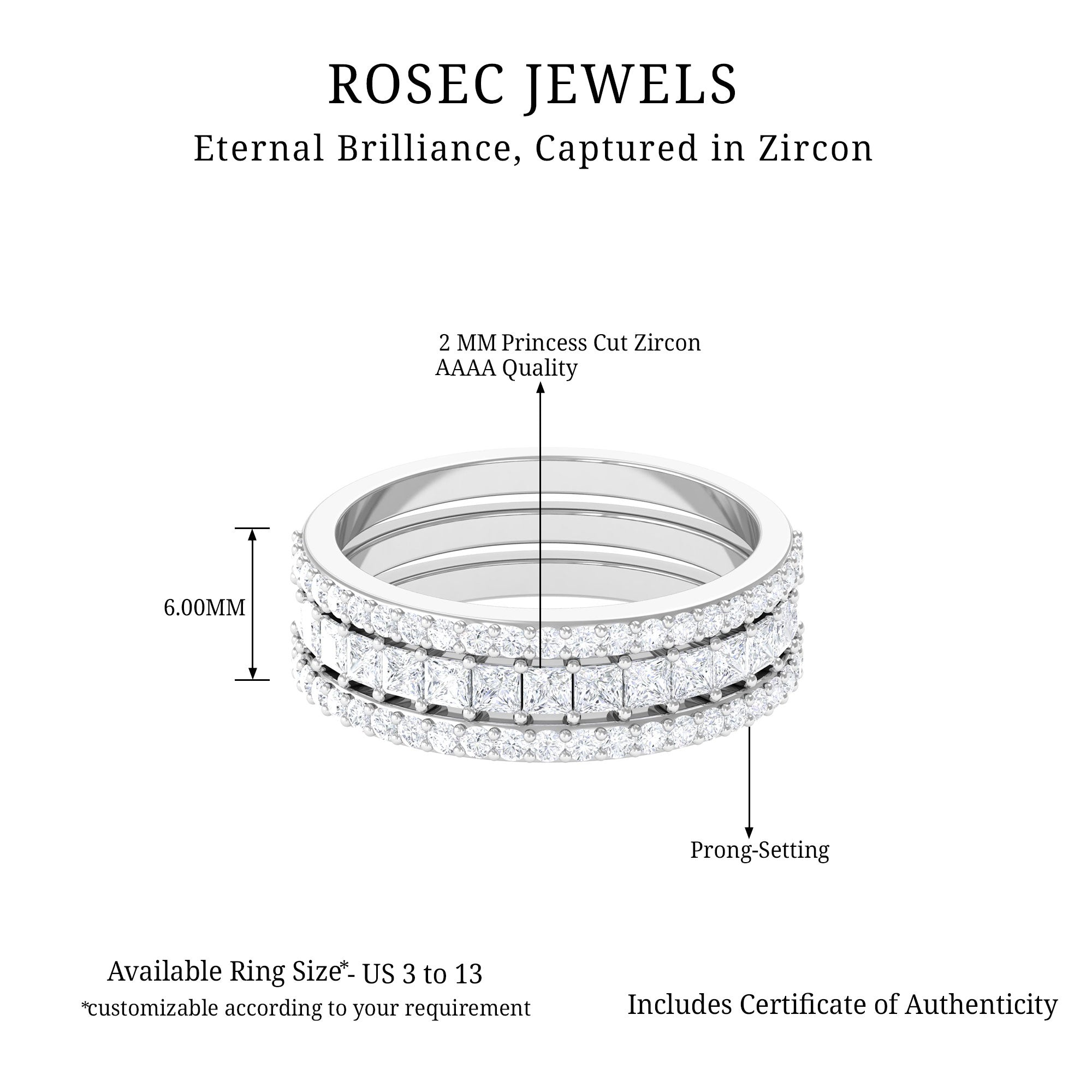 Zircon Stackable Band Ring Set of 3 Zircon - ( AAAA ) - Quality - Rosec Jewels