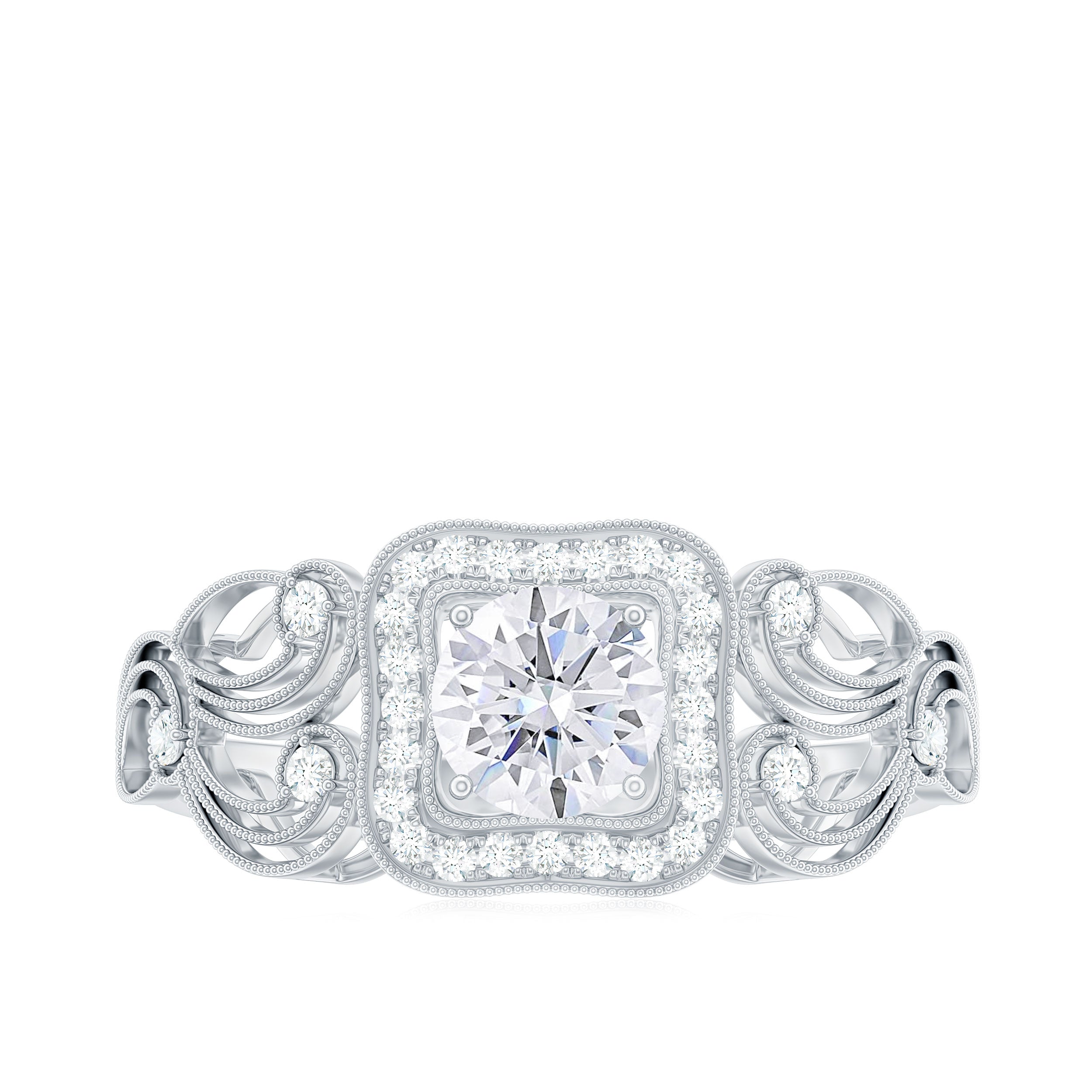 Milgrain Moissanite Art Deco Engagement Ring Moissanite - ( D-VS1 ) - Color and Clarity - Rosec Jewels