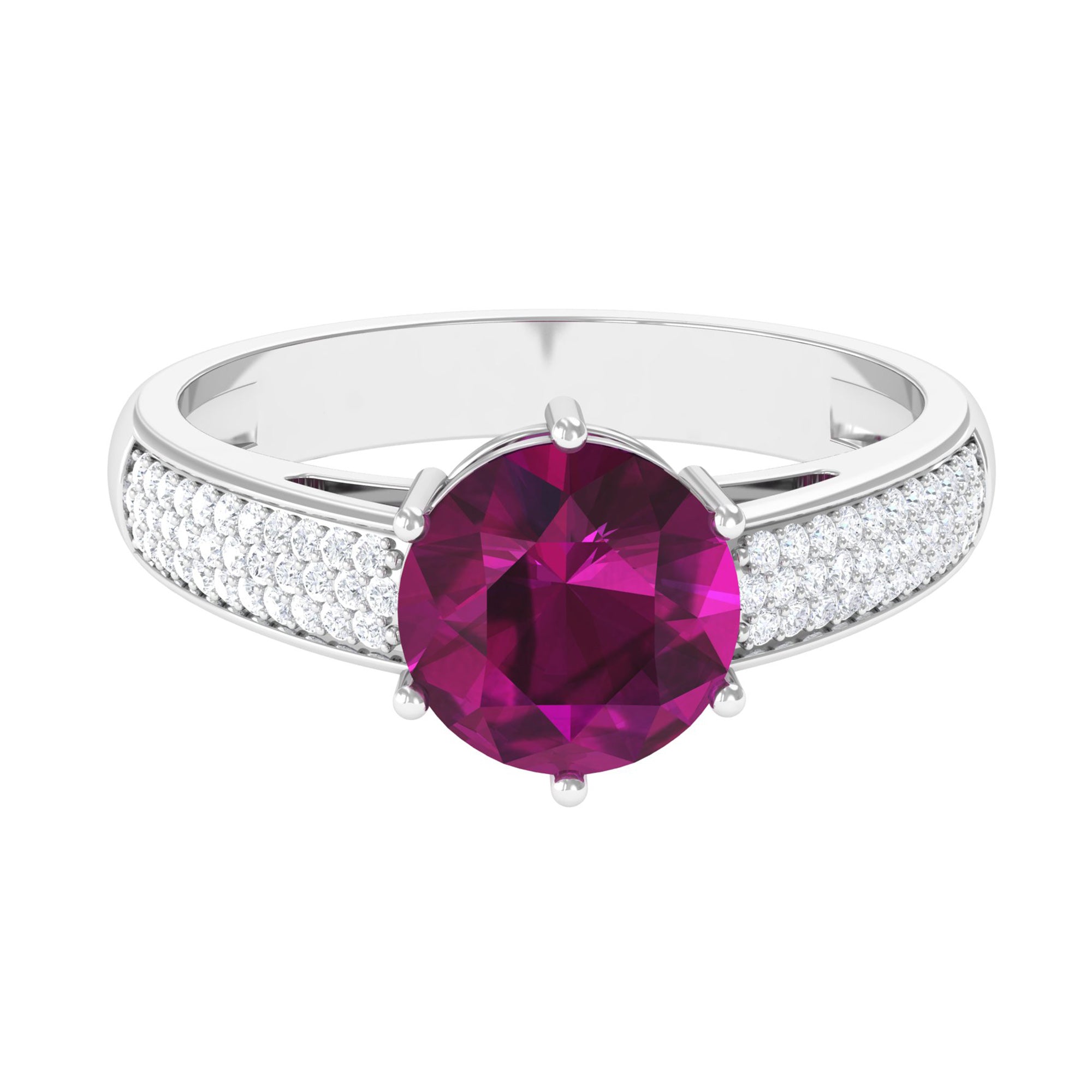 Round Rhodolite Solitaire Ring with Diamond Side Stones Rhodolite - ( AAA ) - Quality - Rosec Jewels