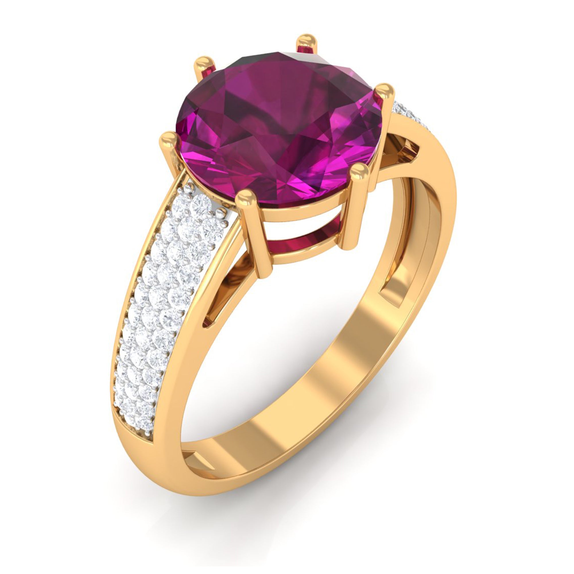 Round Rhodolite Solitaire Ring with Diamond Side Stones Rhodolite - ( AAA ) - Quality - Rosec Jewels