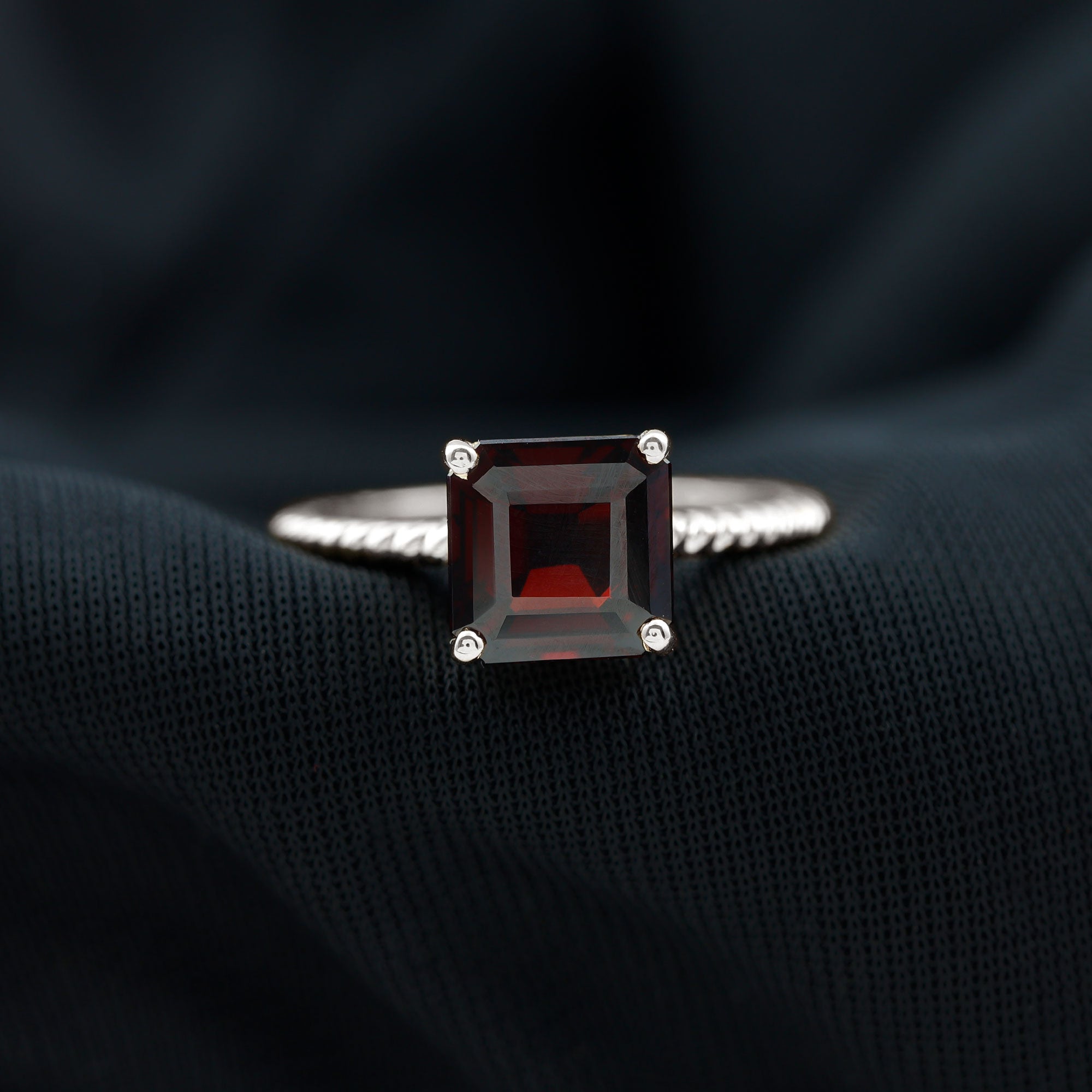 8 MM Asscher Cut Garnet Solitaire Ring with Twisted Rope Garnet - ( AAA ) - Quality - Rosec Jewels