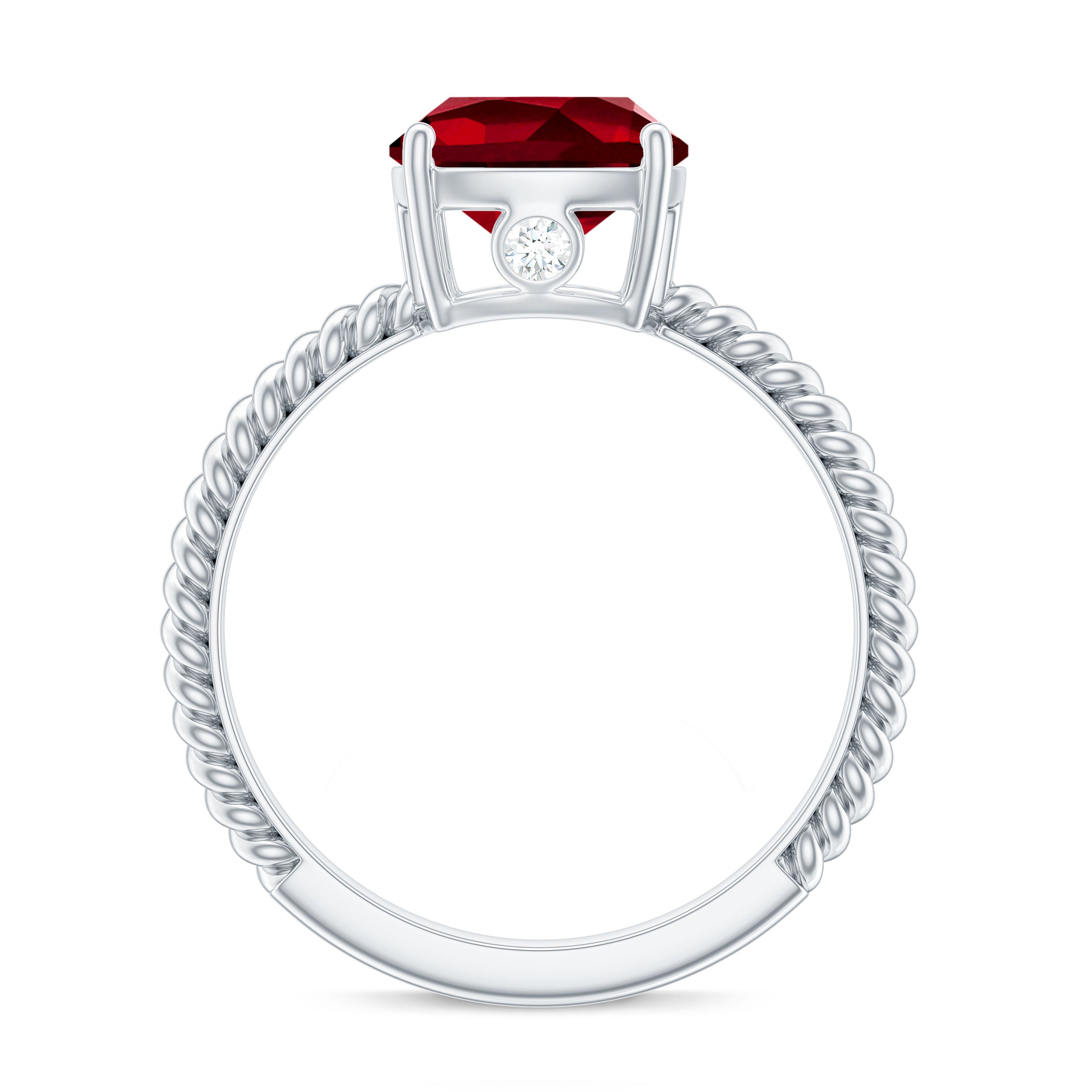 Solitaire Created Ruby and Diamond Ring with Twisted Rope Detailing Lab Created Ruby - ( AAAA ) - Quality - Rosec Jewels