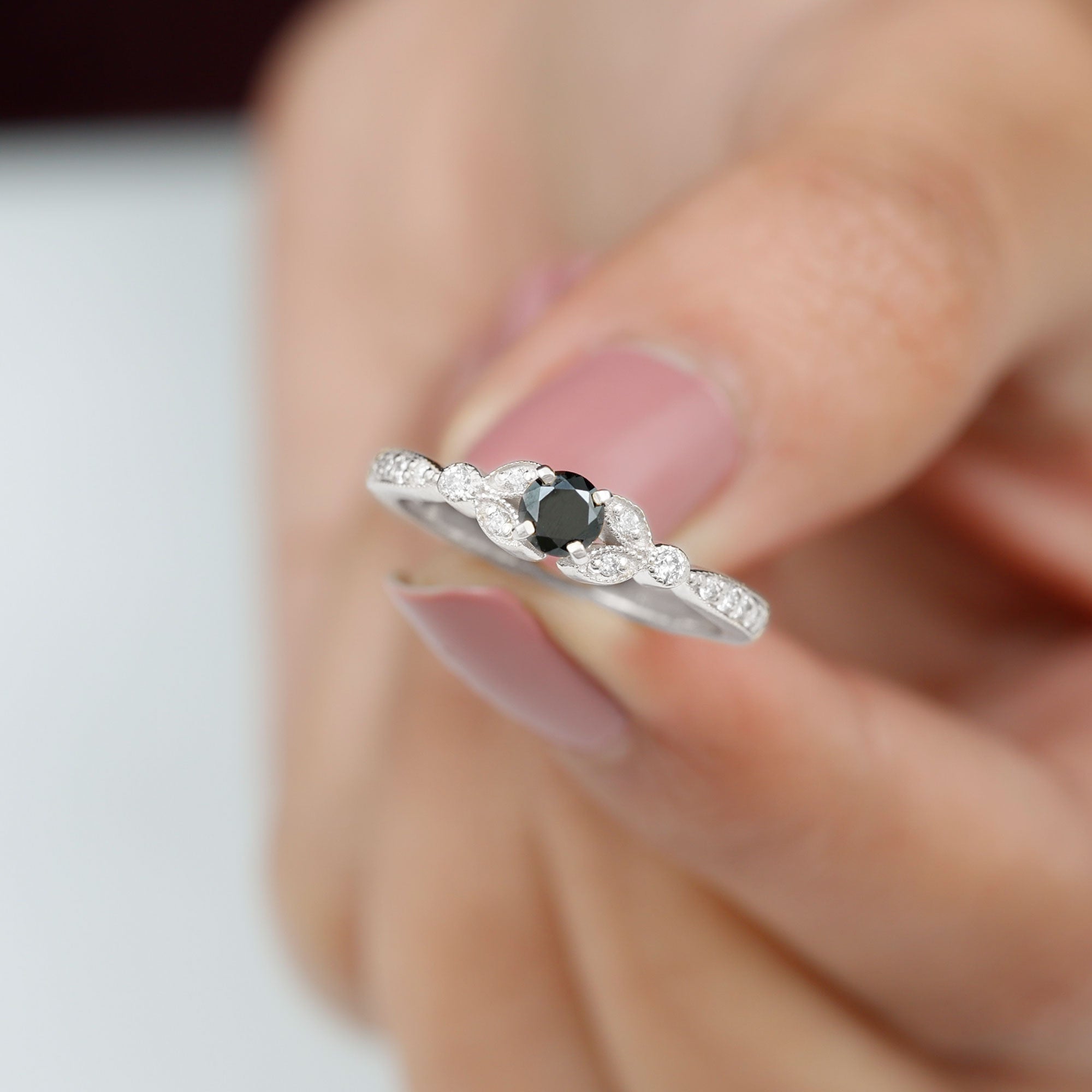 0.75 CT Black Diamond and Diamond Engagement Ring with Milgrain Detailing Black Diamond - ( AAA ) - Quality - Rosec Jewels