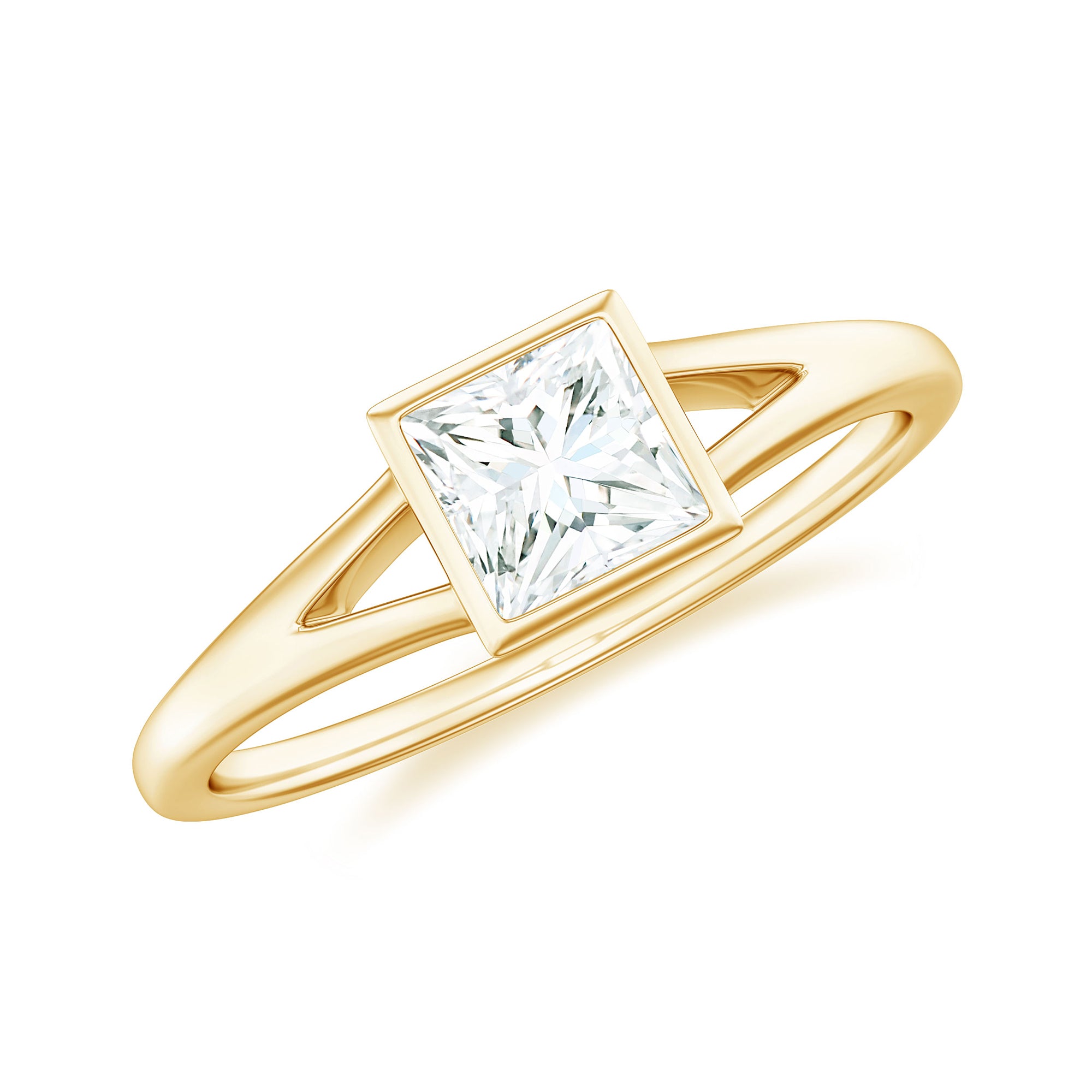 Bezel Set Princess Cut Moissanite Solitaire Promise Ring in Split Shank Moissanite - ( D-VS1 ) - Color and Clarity - Rosec Jewels