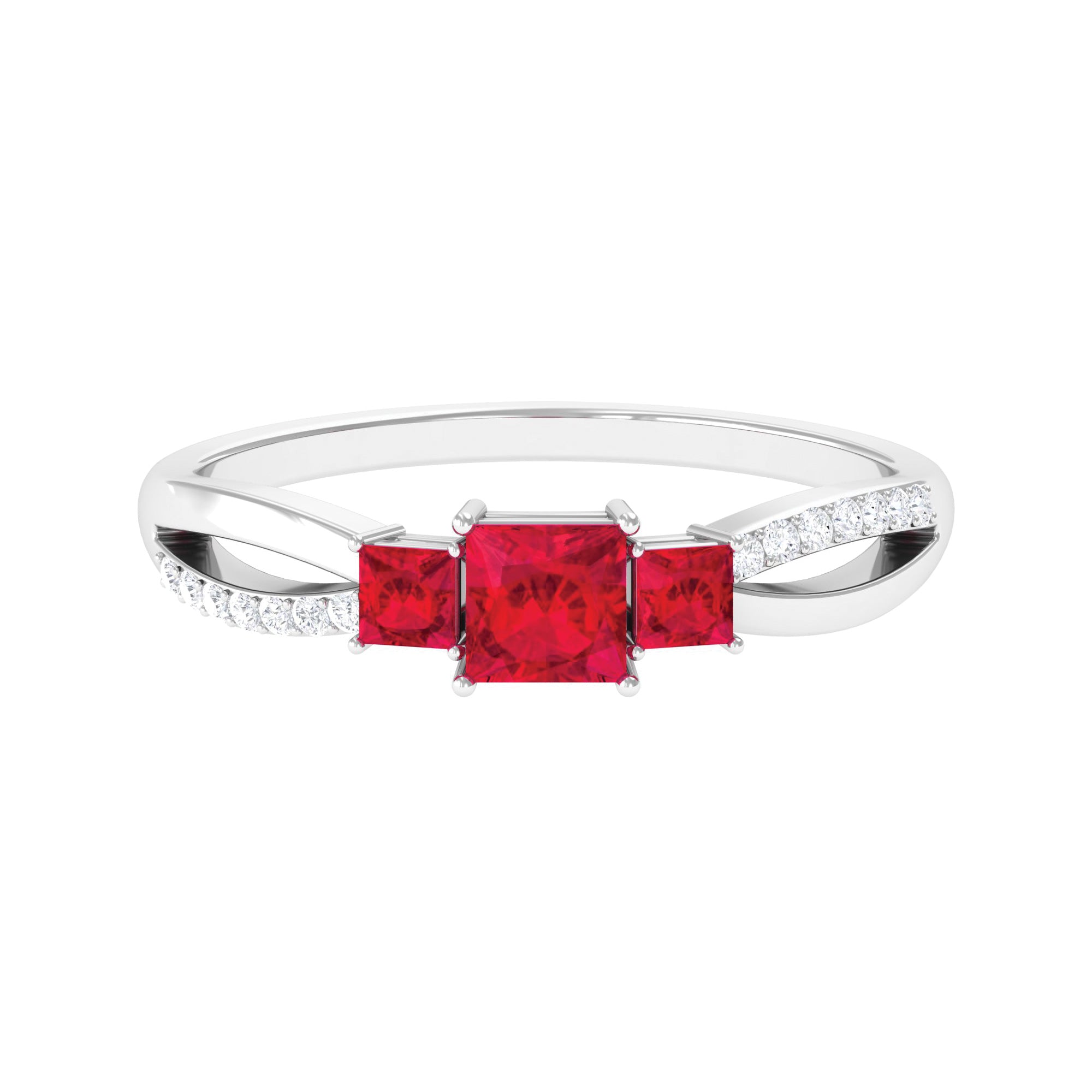 Princess Cut Lab Grown Ruby Three Stone Infinity Ring with Diamond Lab Created Ruby - ( AAAA ) - Quality - Rosec Jewels