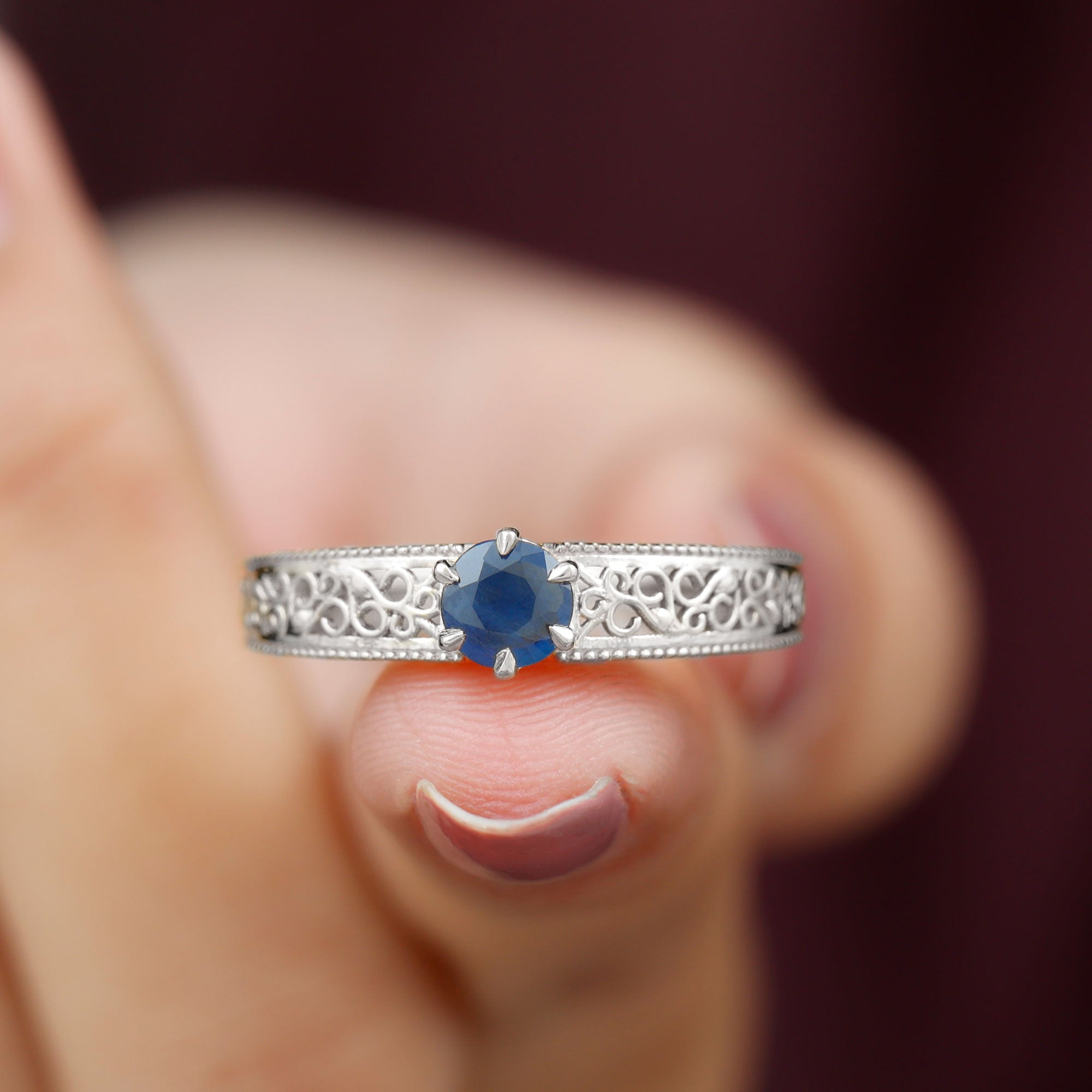 1 CT Round Cut Solitaire Blue Sapphire Filigree Engagement Ring Blue Sapphire - ( AAA ) - Quality - Rosec Jewels