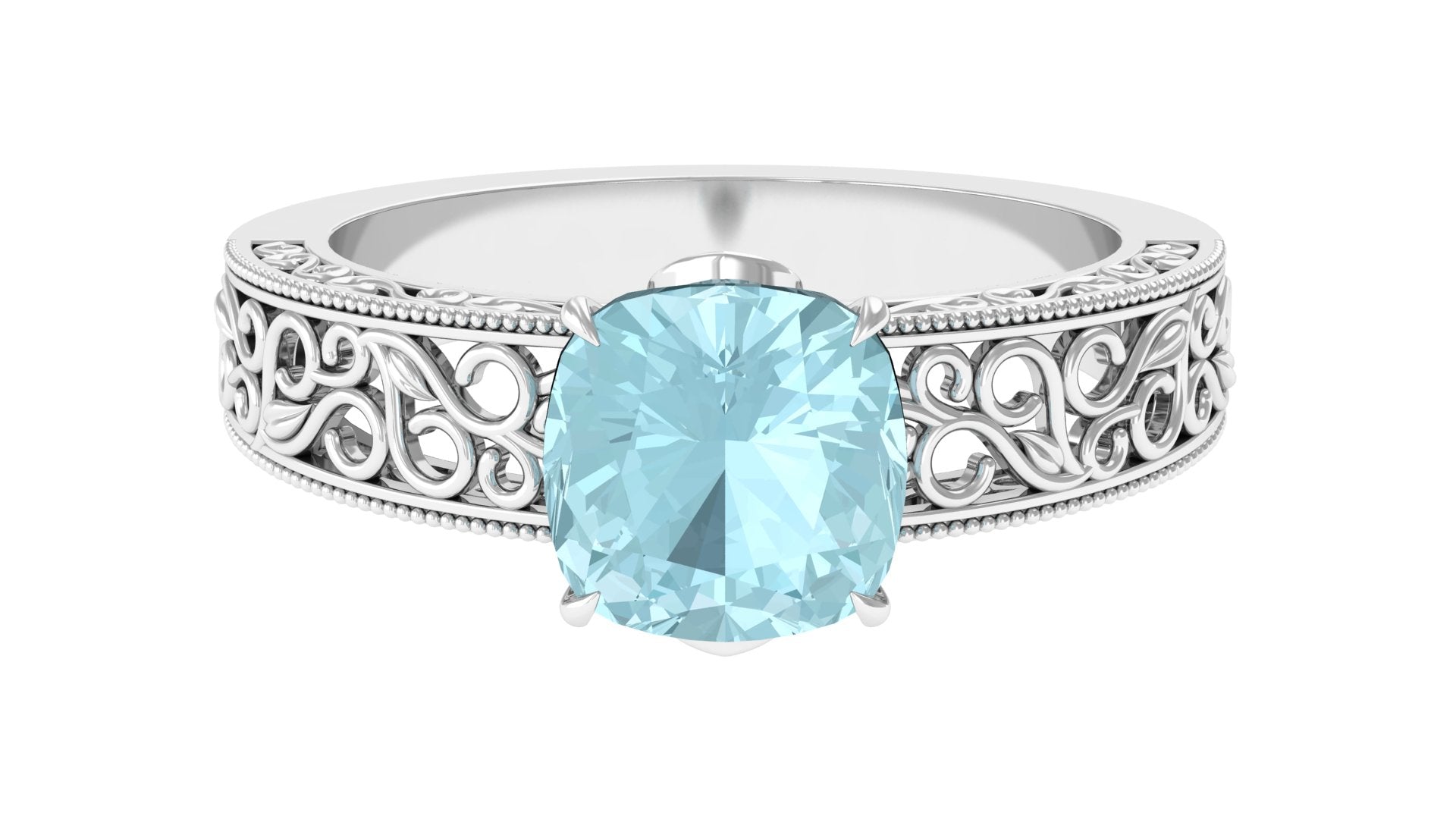 Cushion Cut Solitaire Sky Blue Topaz Filigree Ring in Claw Setting Sky Blue Topaz - ( AAA ) - Quality - Rosec Jewels